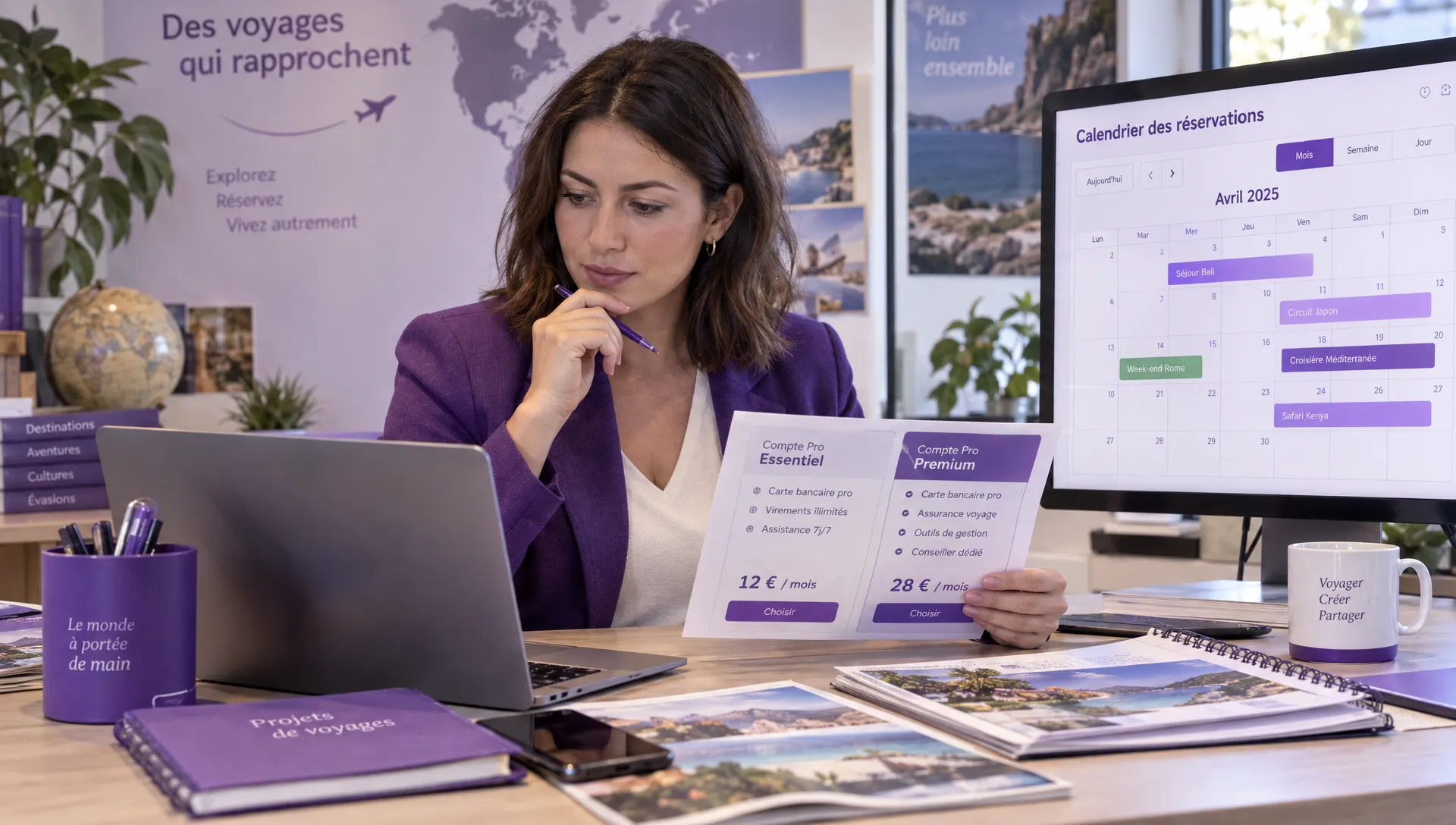 Une fondatrice d’agence de voyages compare deux offres de compte professionnel et consulte un calendrier des périodes de réservation.