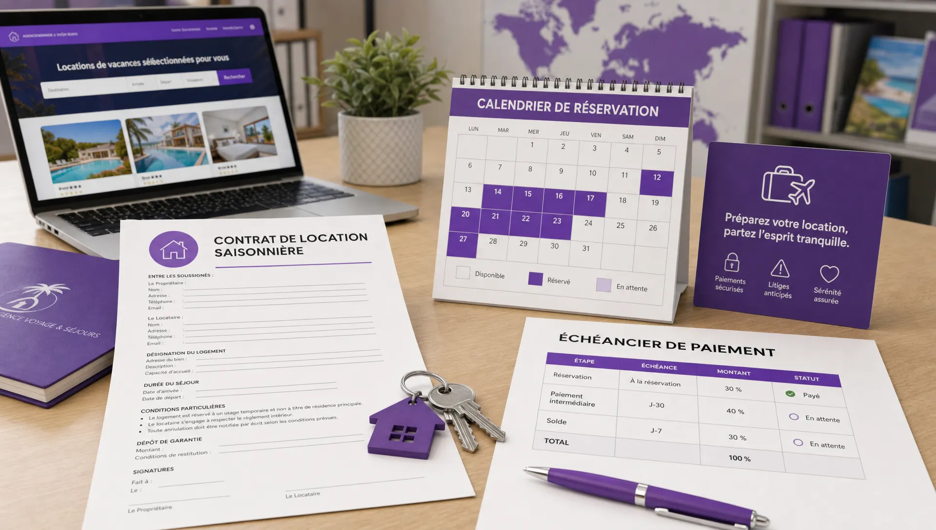 Un bureau d’agence de voyage avec un contrat de location saisonnière, des clés de maison, un calendrier de réservation et un échéancier de paiement imprimé, illustrant la préparation des paiements et des litiges avant la mise en ligne d’un site de location.