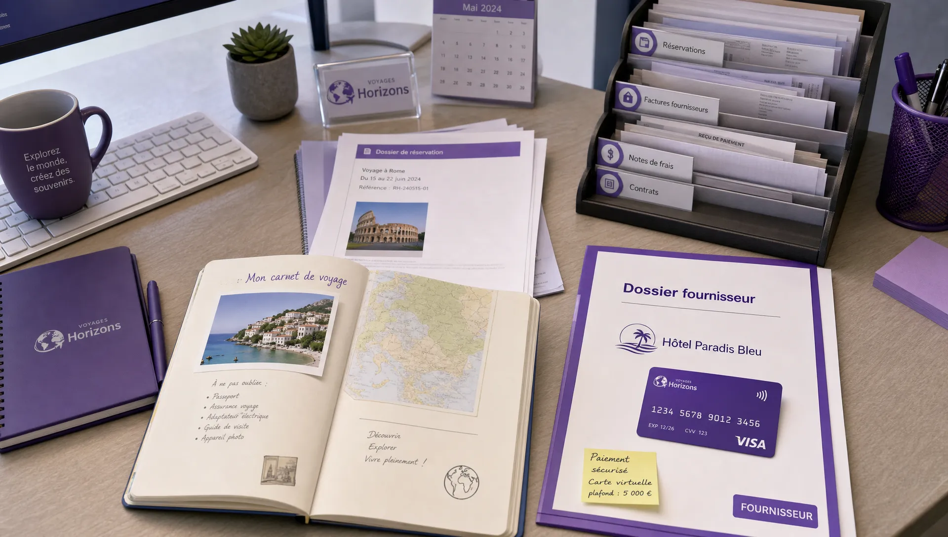 Un bureau d’agence de voyage vu en légère plongée, avec des documents de réservation, un carnet de voyage ouvert, plusieurs reçus classés et une carte bancaire virtuelle mise en évidence à côté d’un dossier fournisseur.