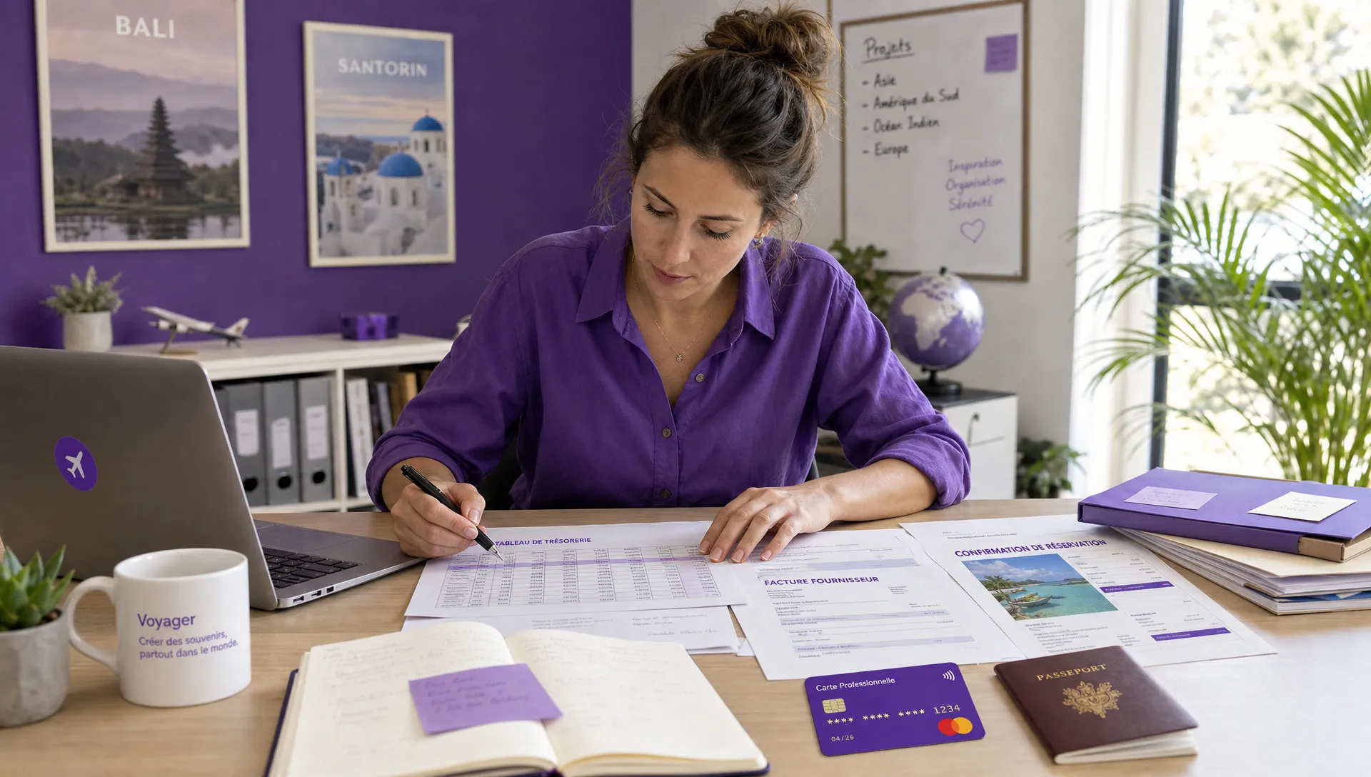 Une fondatrice d’agence de voyage examine un tableau de trésorerie, des factures fournisseurs et des confirmations de réservation sur un plan de travail, avec une carte bancaire professionnelle et un passeport posés à côté, dans un environnement de bureau latéral et lumineux.