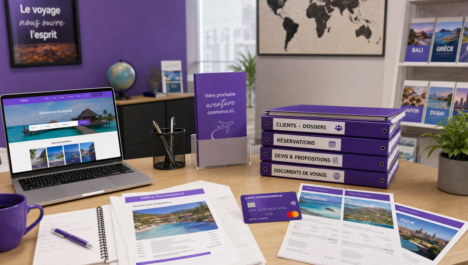 Un coin de travail d’agence de voyage avec dossiers clients, carte de paiement professionnelle, ordinateur et documents fournisseurs classés par destination.