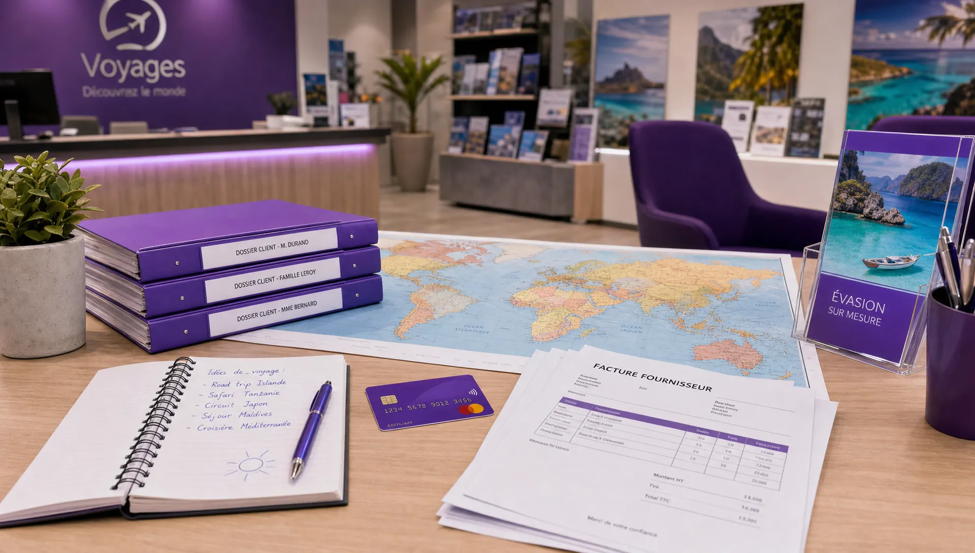 Un comptoir d’agence de voyage avec des dossiers clients, une carte bancaire, des factures fournisseurs, un carnet de notes et une carte du monde posés sur une table de travail organisée.