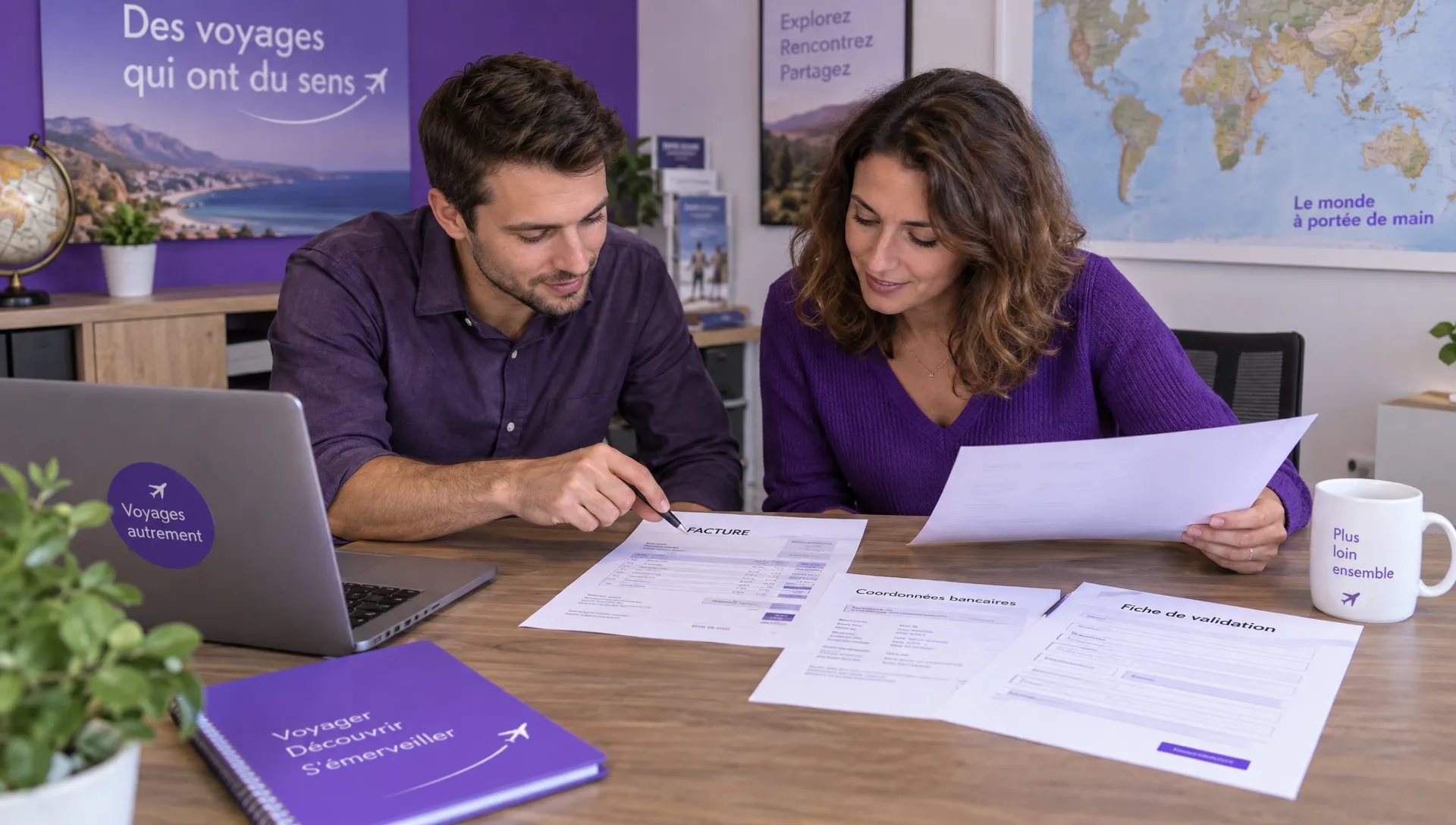Deux collaborateurs d’une petite agence de voyages comparent une facture de DMC, ses coordonnées bancaires et une fiche de validation autour d’une table.