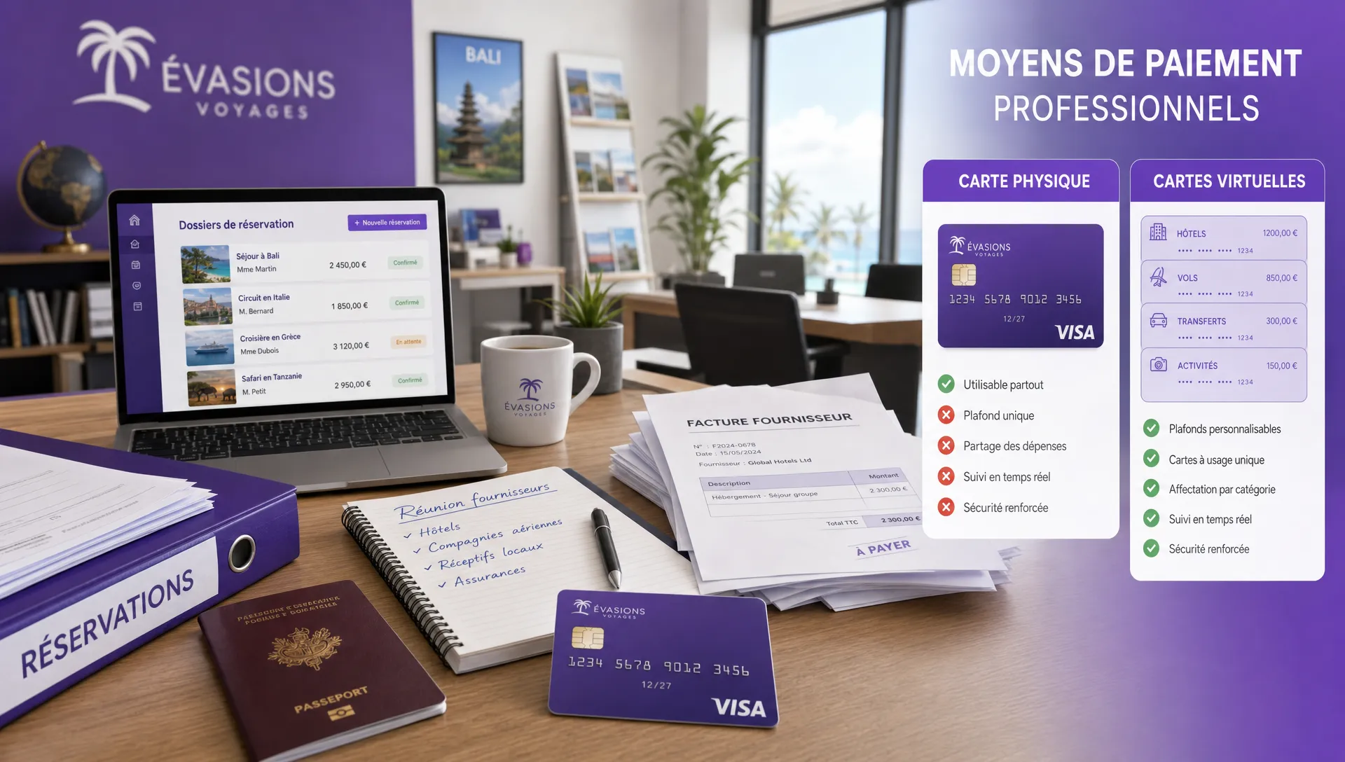 Un bureau d'agence de voyage avec des dossiers de réservation, des factures fournisseurs, un passeport, une carte bancaire physique et des cartes virtuelles représentées par des éléments graphiques simples, illustrant la comparaison des moyens de paiement professionnels.