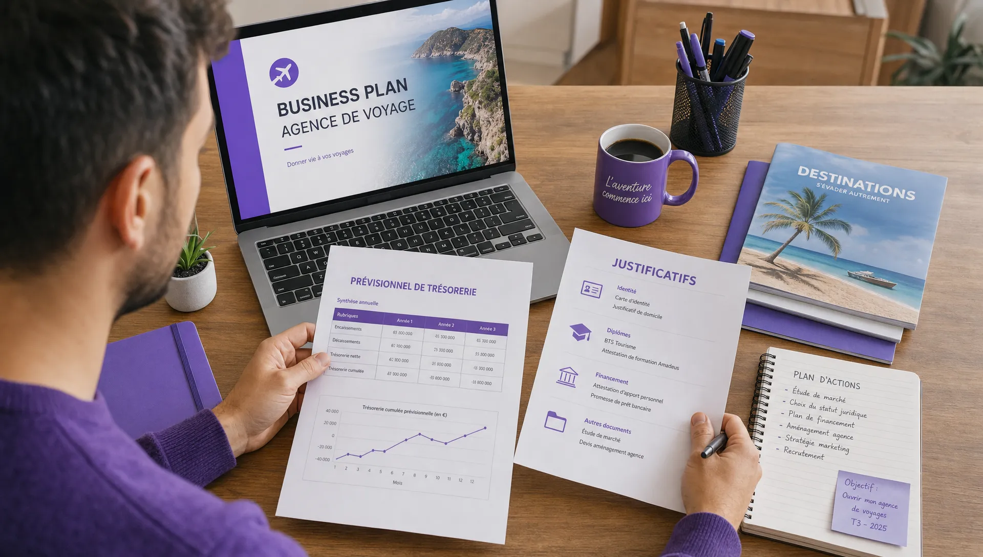 Un créateur d'agence de voyage rassemble un business plan, des justificatifs et un prévisionnel de trésorerie sur une table de travail.