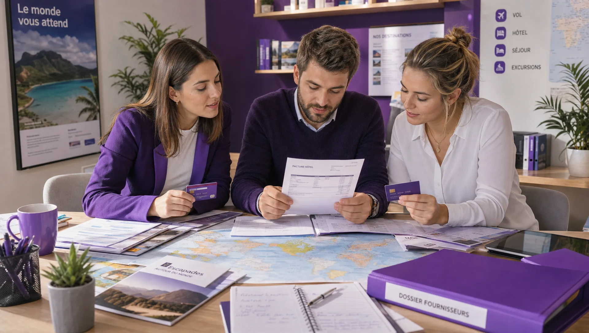 Une équipe d’agence de voyage examine des cartes de paiement, des factures d’hôtels et des dossiers fournisseurs sur une table de travail.
