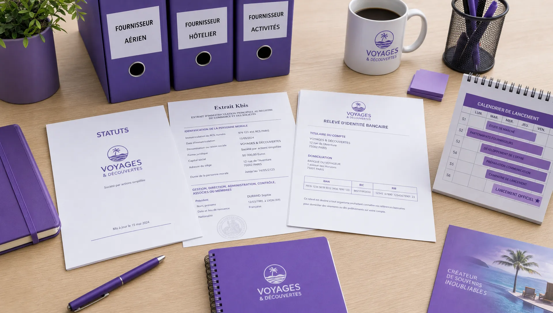 Sur le bureau, des statuts, un Kbis, un RIB professionnel et un calendrier de lancement accompagnent les dossiers fournisseurs d’une agence de voyage.