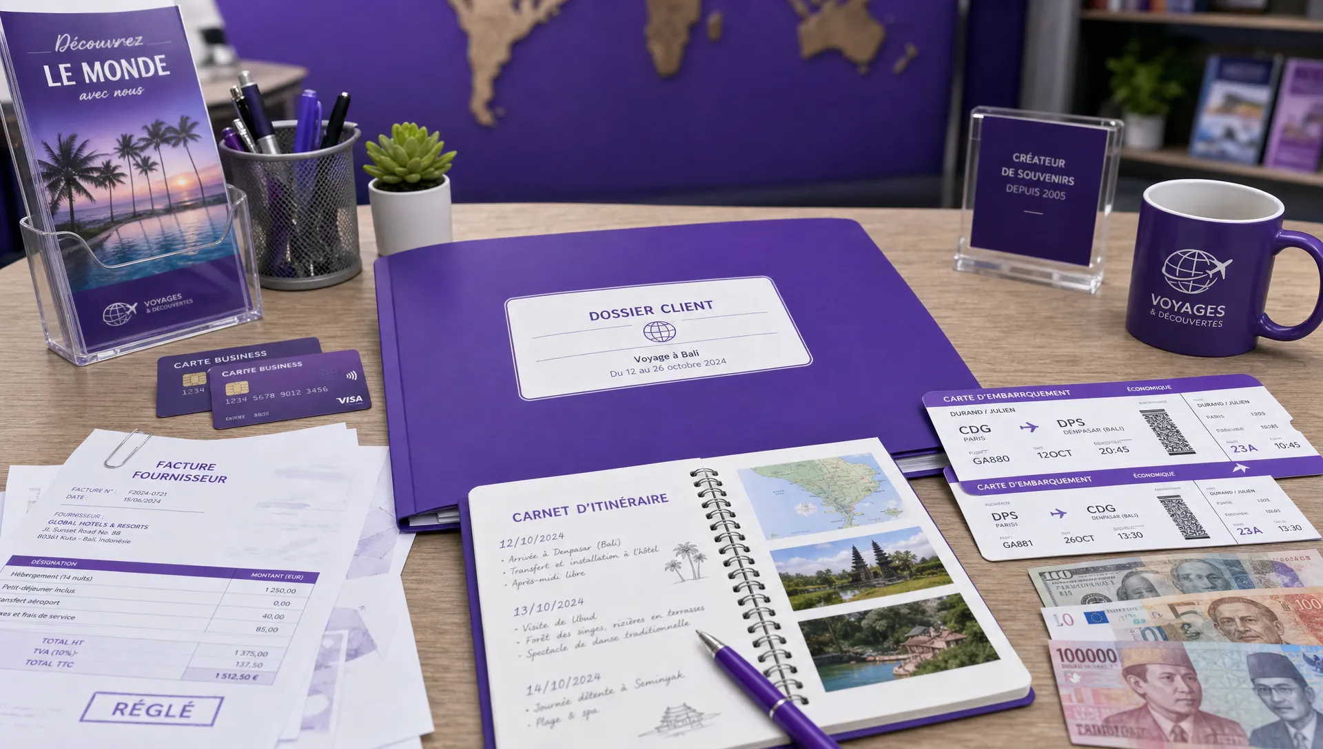 Un bureau d’agence de voyage avec des cartes bancaires professionnelles, des factures fournisseurs, un carnet d’itinéraire, des billets d’avion imprimés et quelques devises étrangères autour d’un dossier client.