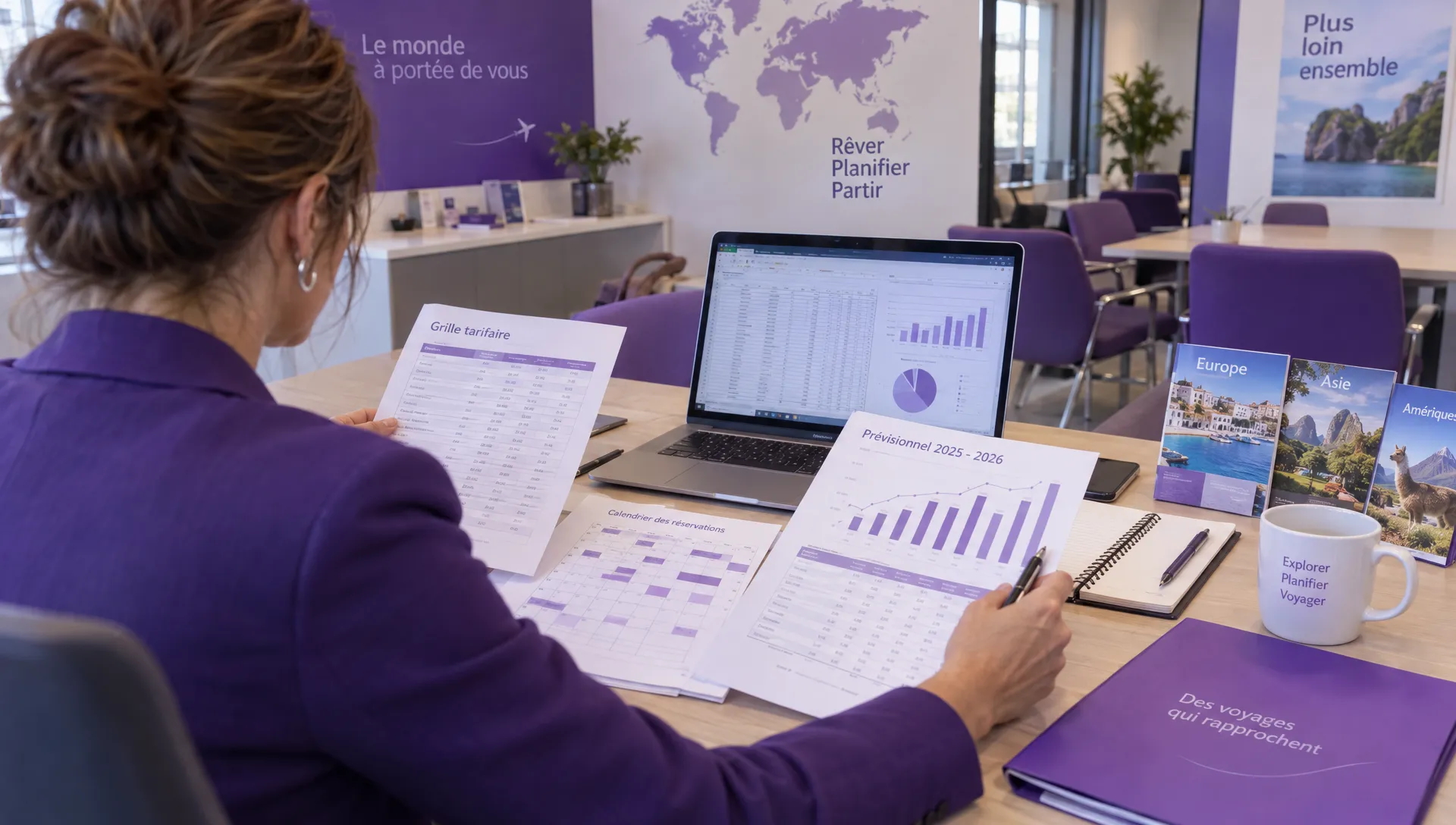 Une dirigeante d’agence compare tarifs et prévisions pour vérifier si son compte sans frais convient aux réservations à venir.