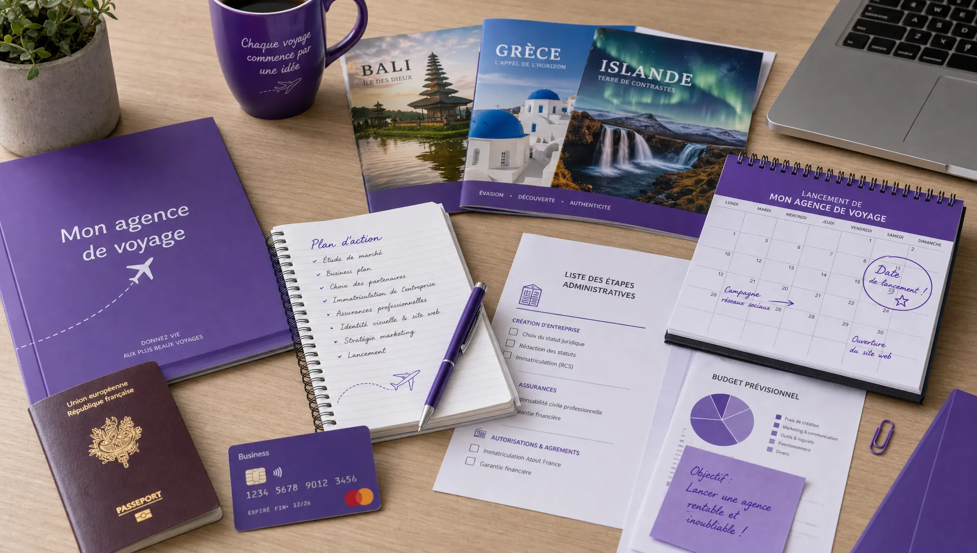 Une table de préparation pour la création d’une agence de voyage, avec des brochures de destinations, un passeport, une carte bancaire professionnelle, des documents administratifs et un calendrier de lancement posés ensemble.