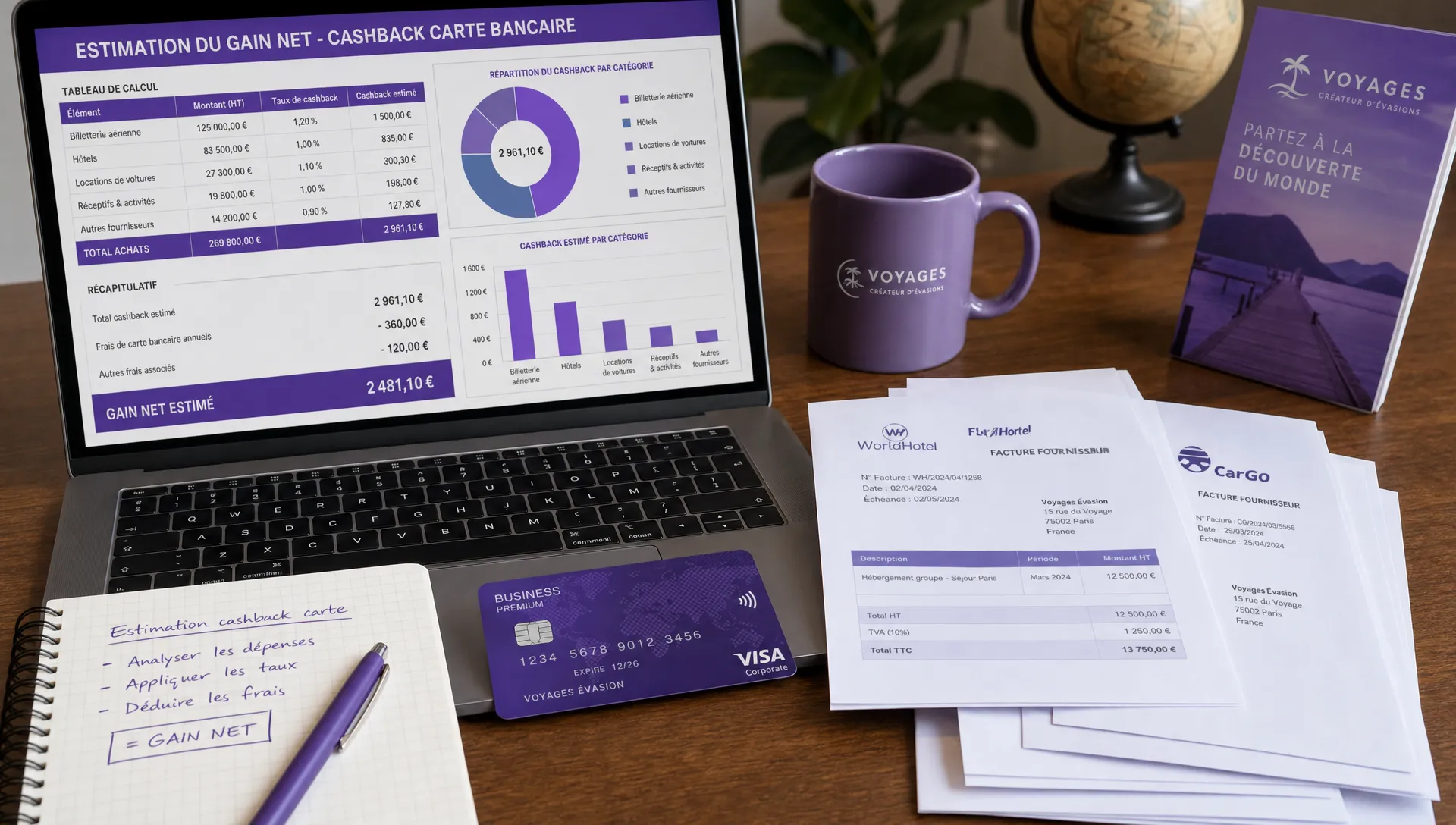 Un bureau d’agence de voyage réunit un tableau de calcul, des factures fournisseurs et une carte virtuelle pour estimer le gain net d’un cashback carte bancaire.