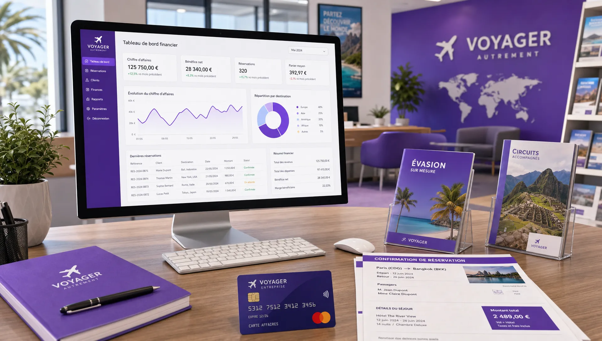 Un bureau d’agence de voyage moderne avec un ordinateur affichant un tableau de suivi financier, des documents de réservation, une carte bancaire professionnelle et des brochures de destinations sur la table.