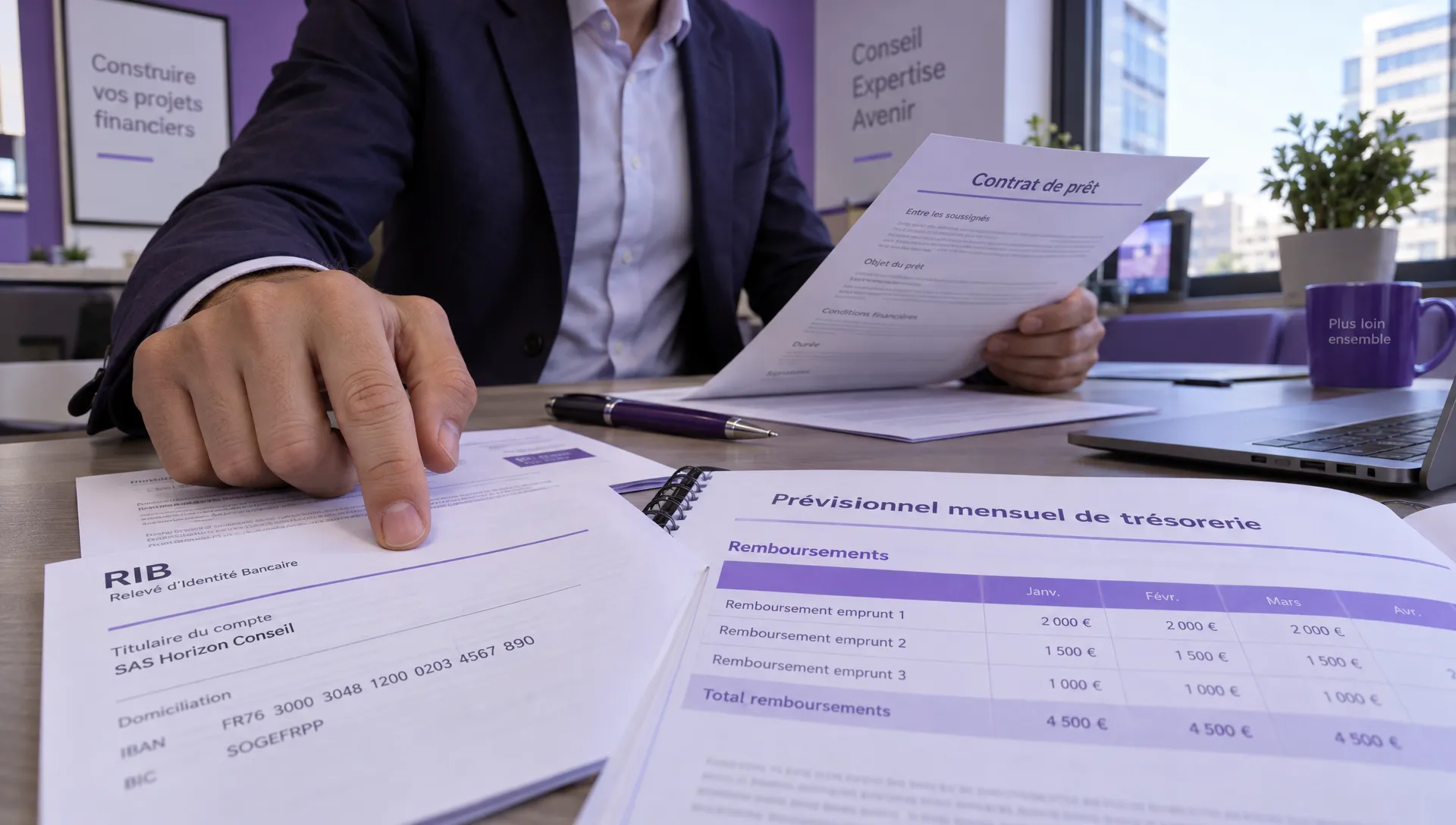 Un RIB d’entreprise et un prévisionnel de trésorerie sont vérifiés avec un contrat de prêt pour créer une agence de voyages.