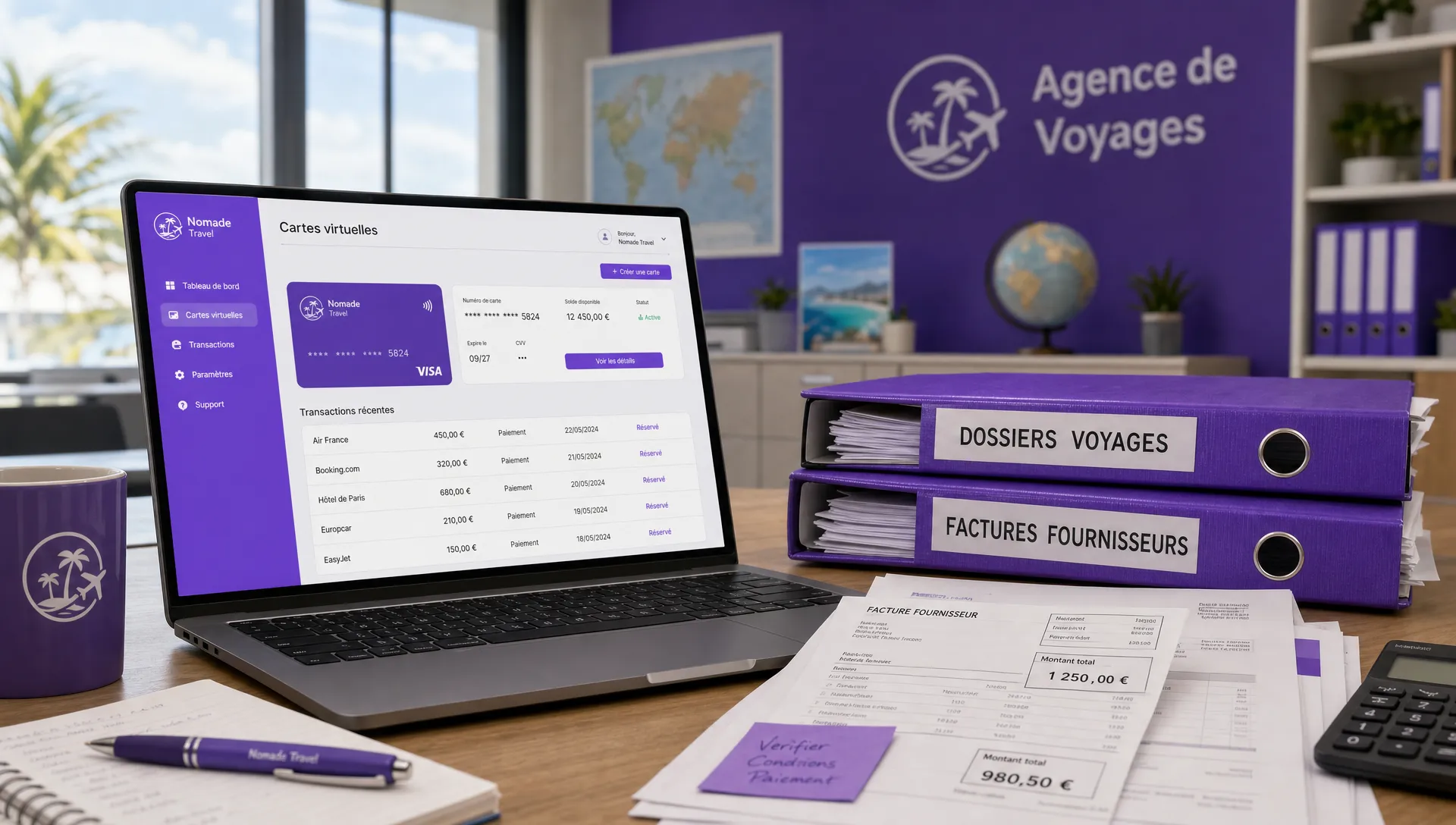 Un bureau d’agence de voyage avec des dossiers, des factures fournisseurs et une carte virtuelle en ligne utilisée pour chaque réservation.
