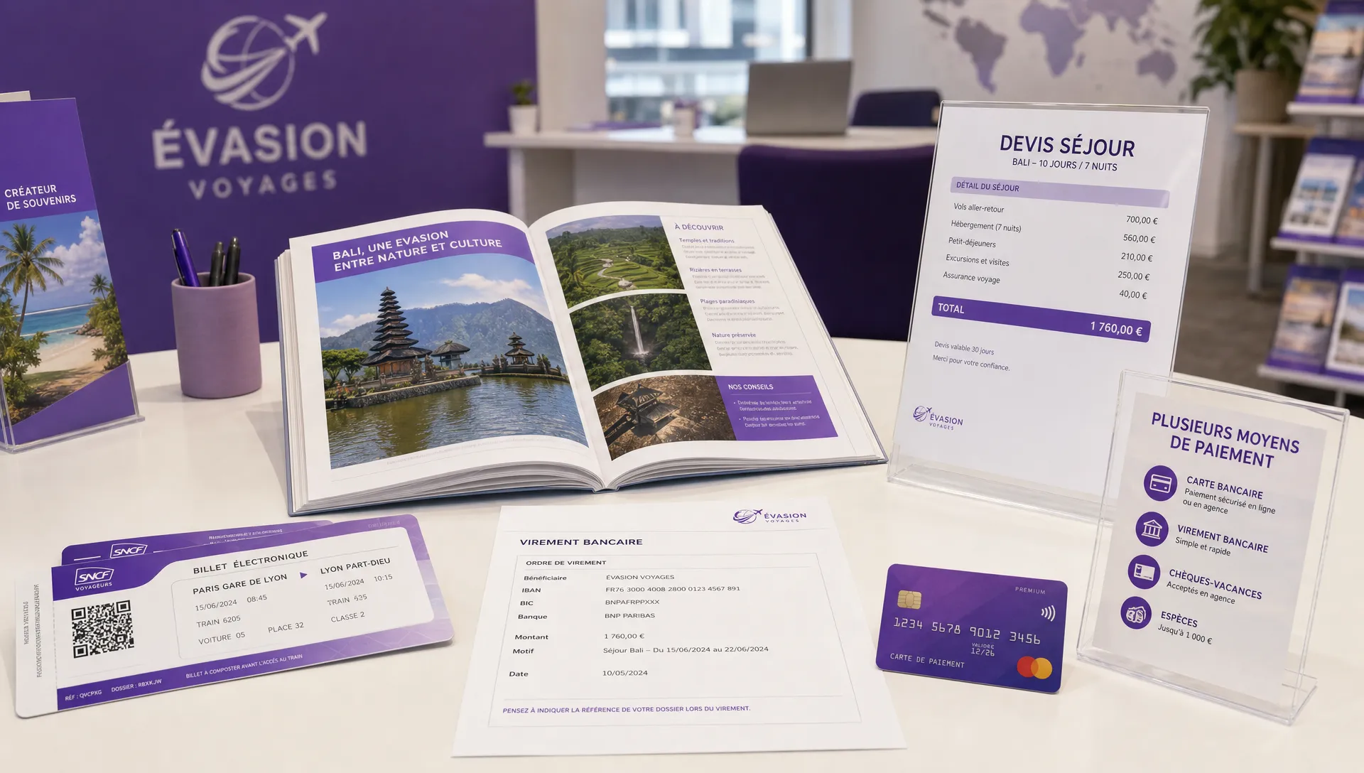 Un bureau d’agence de voyage avec un carnet de voyages ouvert, un devis imprimé, une carte bancaire, un document de virement bancaire et des billets de train, montrant le choix entre plusieurs moyens de paiement pour un séjour.