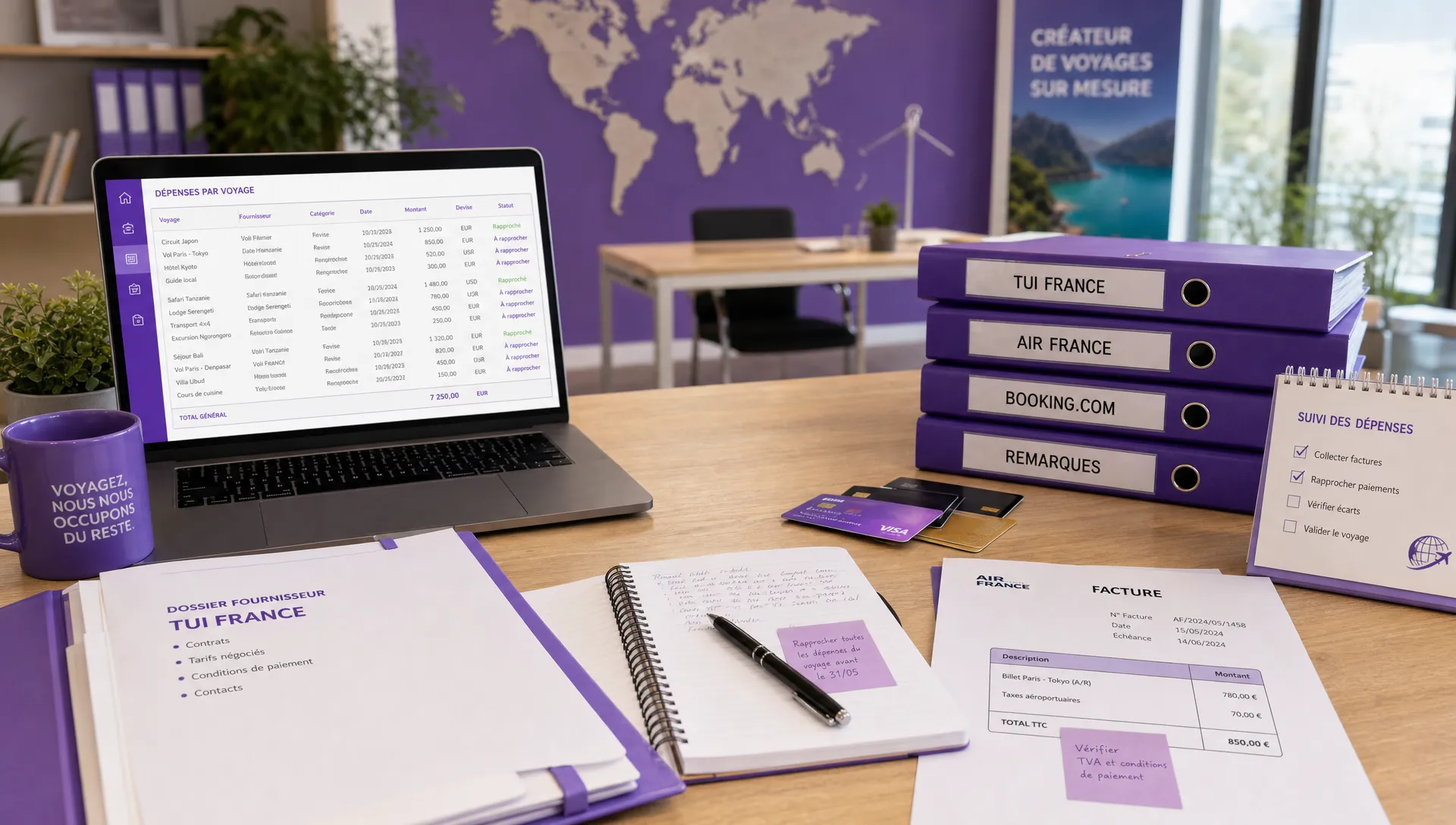 Un bureau d’agence de voyage avec dossiers fournisseurs, factures, cartes de paiement et notes de suivi pour rapprocher les dépenses par voyage.