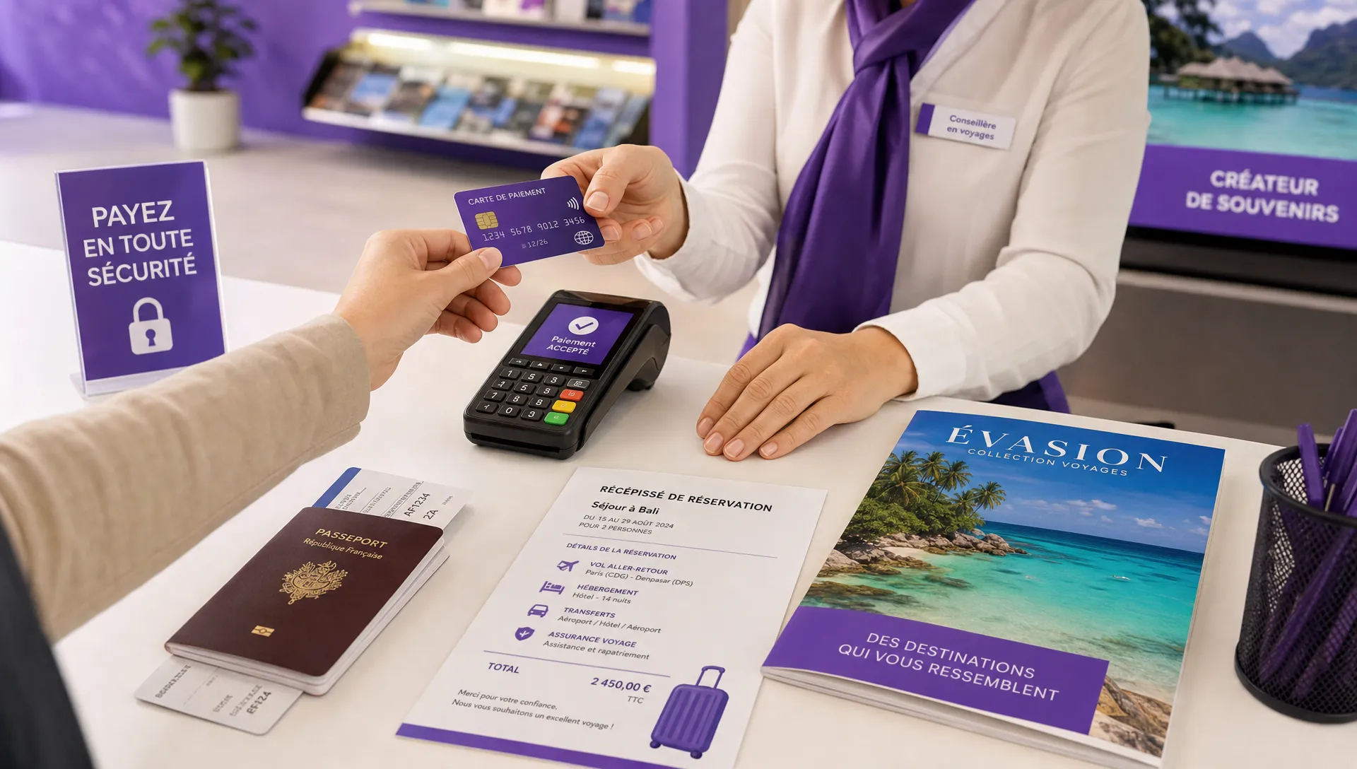 Un comptoir d’agence de voyage avec une carte bancaire, un terminal de paiement, un reçu de réservation, des documents de voyage et une brochure de vacances, illustrant un paiement sécurisé pour un séjour.
