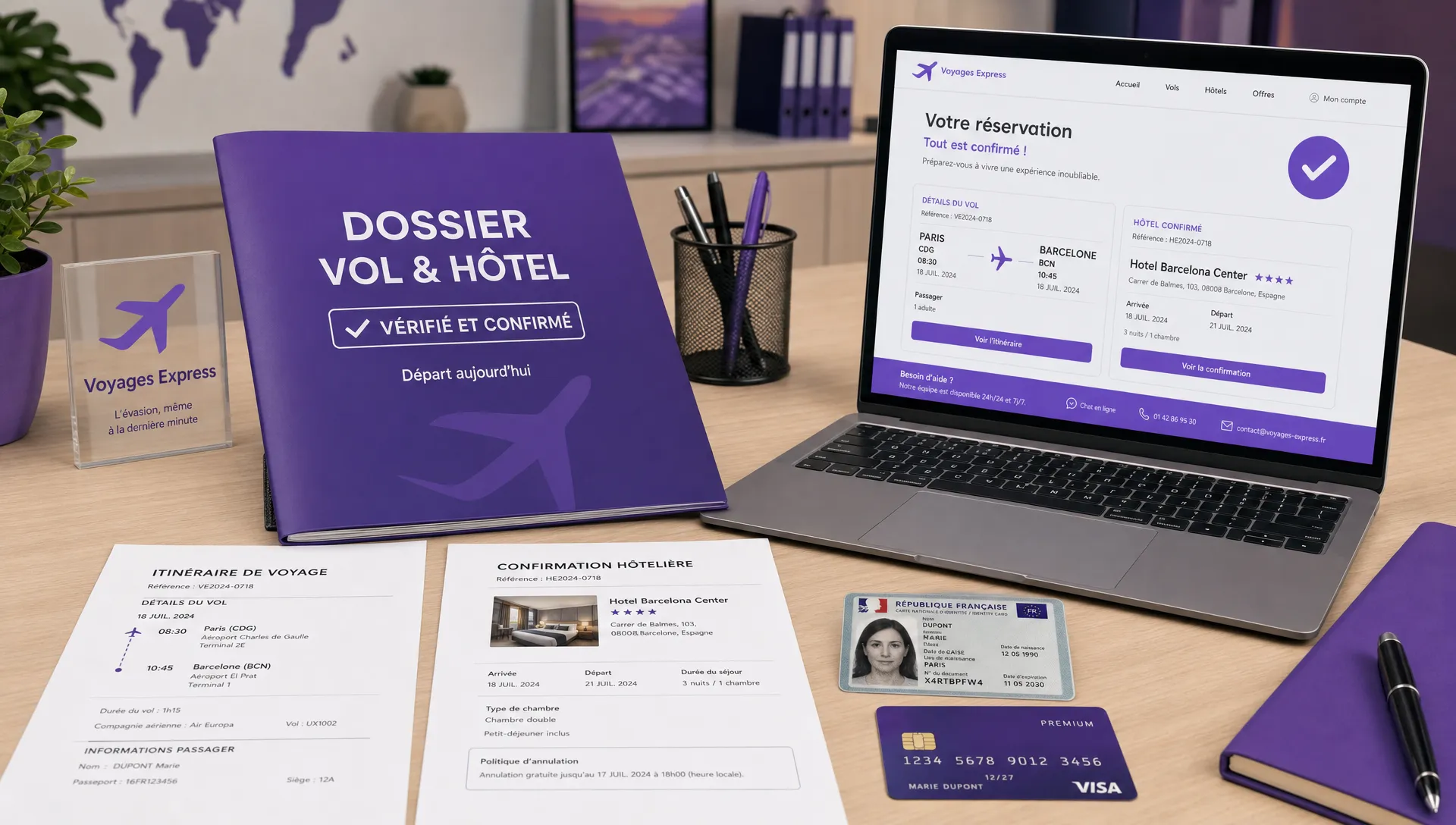 Un dossier vol et hôtel de dernière minute vérifié sur un bureau, avec une carte d’identité, un itinéraire imprimé, une confirmation d’hôtel et une carte bancaire posés à côté d’un ordinateur portable ouvert dans le bon sens, dans un espace de travail d’agence bien rangé.