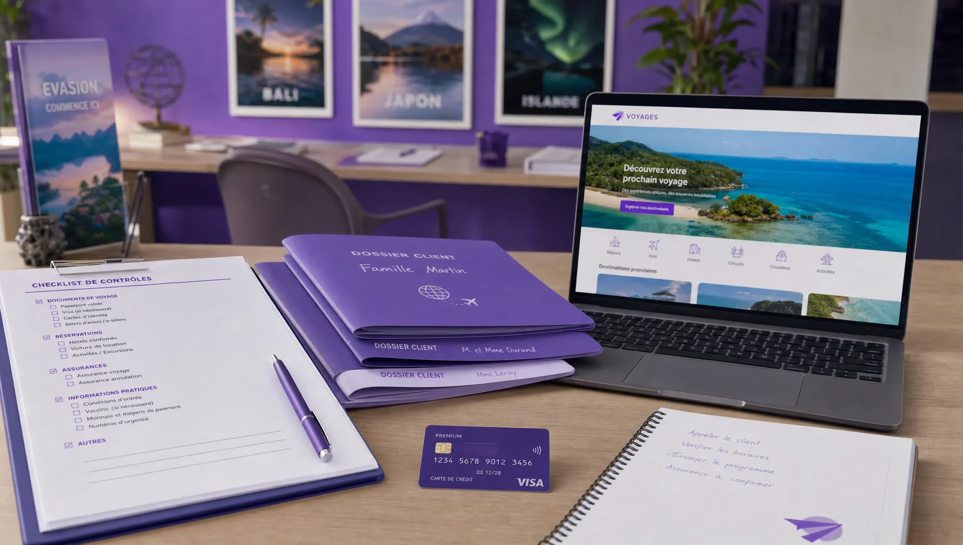 Table de travail d’une agence de voyage avec une checklist de contrôles, des dossiers clients, une carte bancaire et un ordinateur portable ouvert vers la conseillère.
