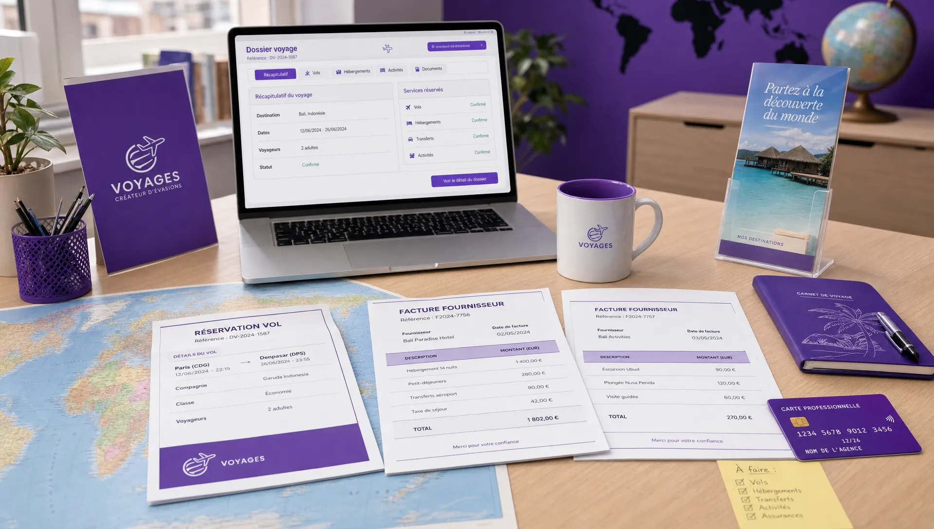 Un bureau d’agence de voyage avec des documents de réservation, une carte bancaire professionnelle, des factures fournisseurs et une carte du monde montre la gestion d’un dossier voyage.