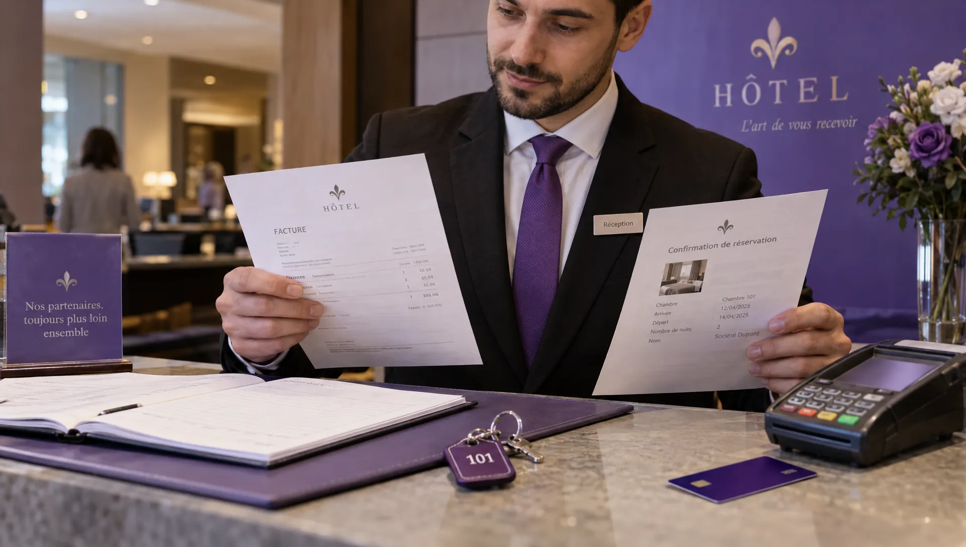 Un réceptionniste vérifie une facture et une réservation avant le paiement d’un séjour lié à une agence de voyages.