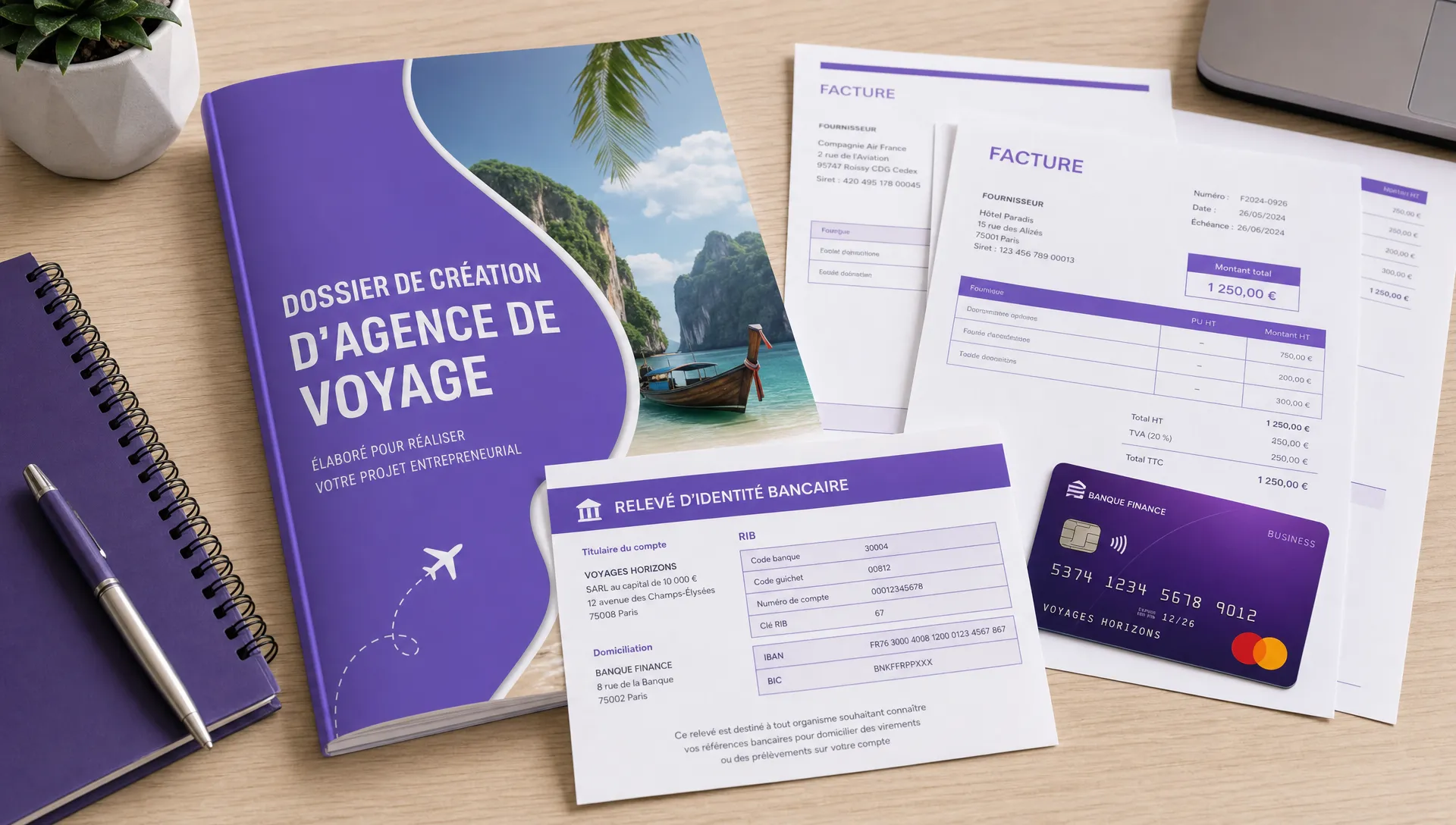 Un dossier de création d’agence de voyage avec un RIB professionnel, une carte de paiement et des factures fournisseurs sur un bureau.
