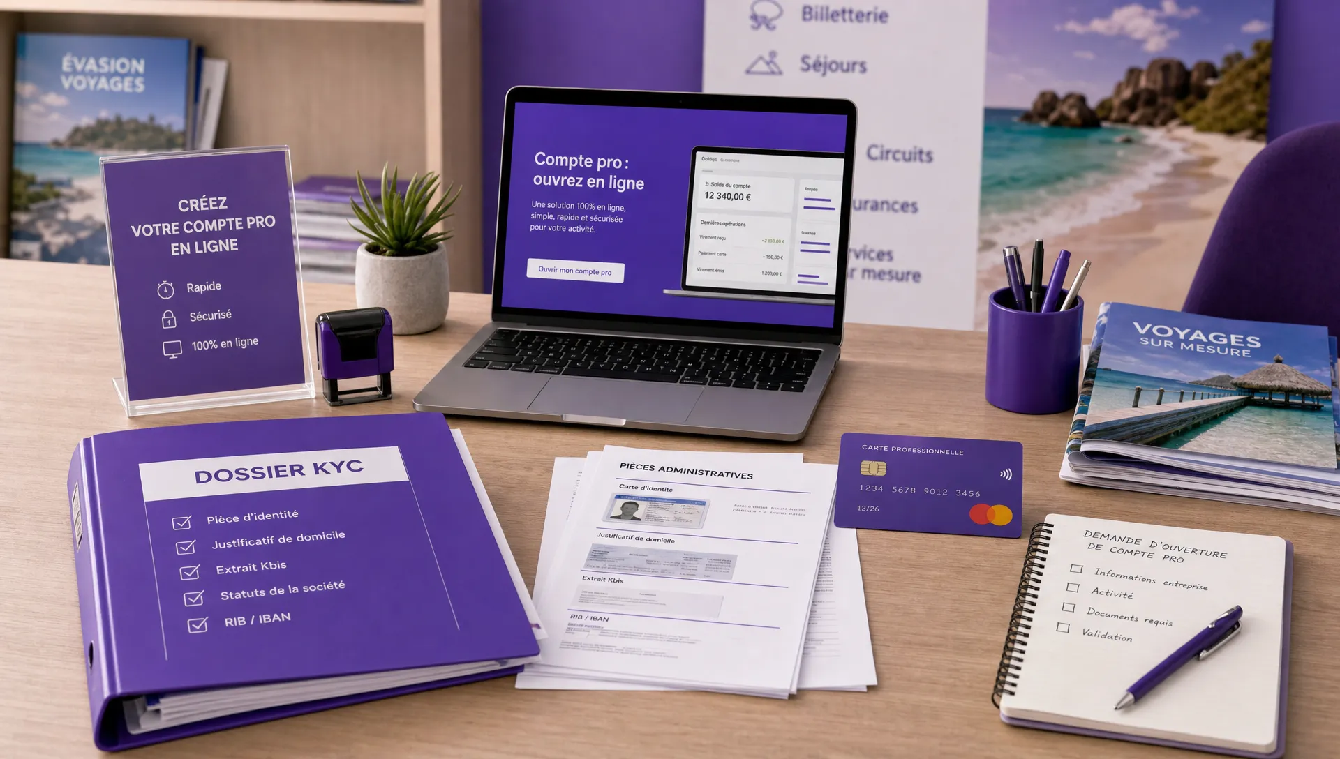 Un bureau d’agence de voyage montre un dossier KYC, des pièces administratives, une carte bancaire professionnelle et des brochures avant une demande de compte pro ouverture en ligne.