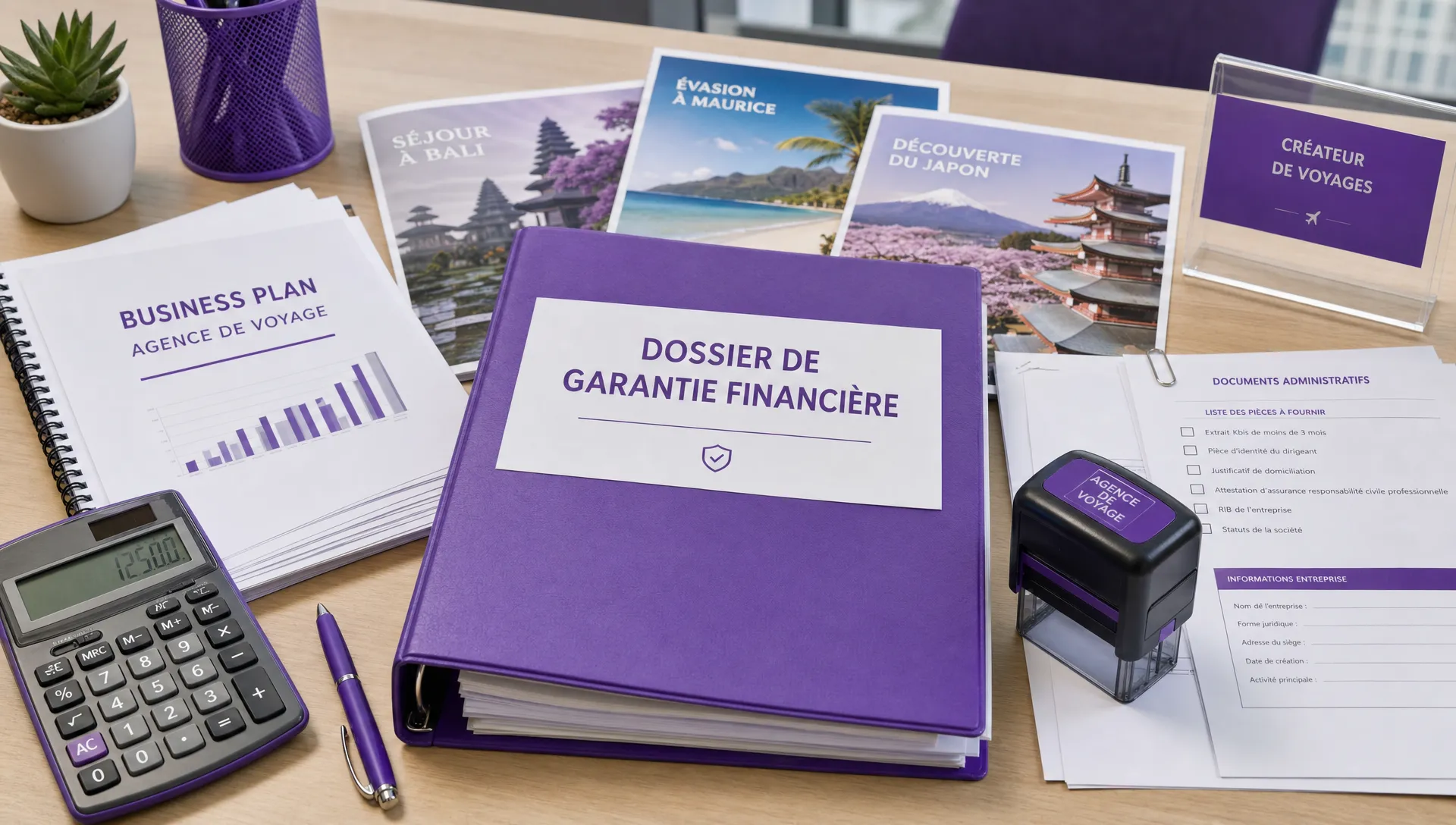 Un dossier de garantie financière avec business plan, calculatrice, brochures de destinations et papiers administratifs sur un bureau d’agence de voyage.