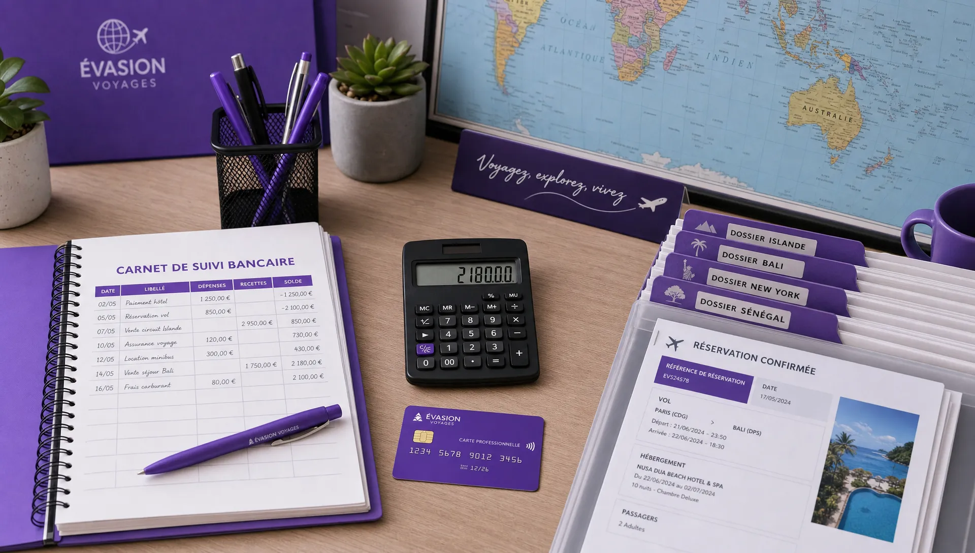 Un espace de travail d’agence de voyage avec un carnet de suivi bancaire, des factures classées par dossier, une carte bancaire professionnelle, une calculatrice et des documents de réservation rangés à côté d’une carte du monde.