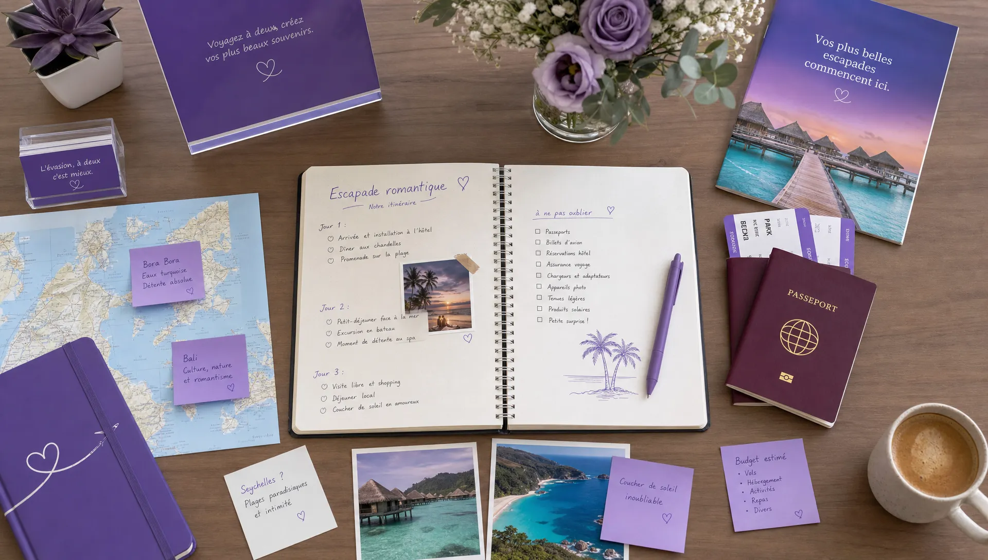 Une table de travail d’agence de voyage avec un carnet d’itinéraire romantique, des cartes de destination, deux passeports, des billets, un bouquet discret et des notes de préparation pour une escapade en couple, vue en plongée dans un bureau calme.