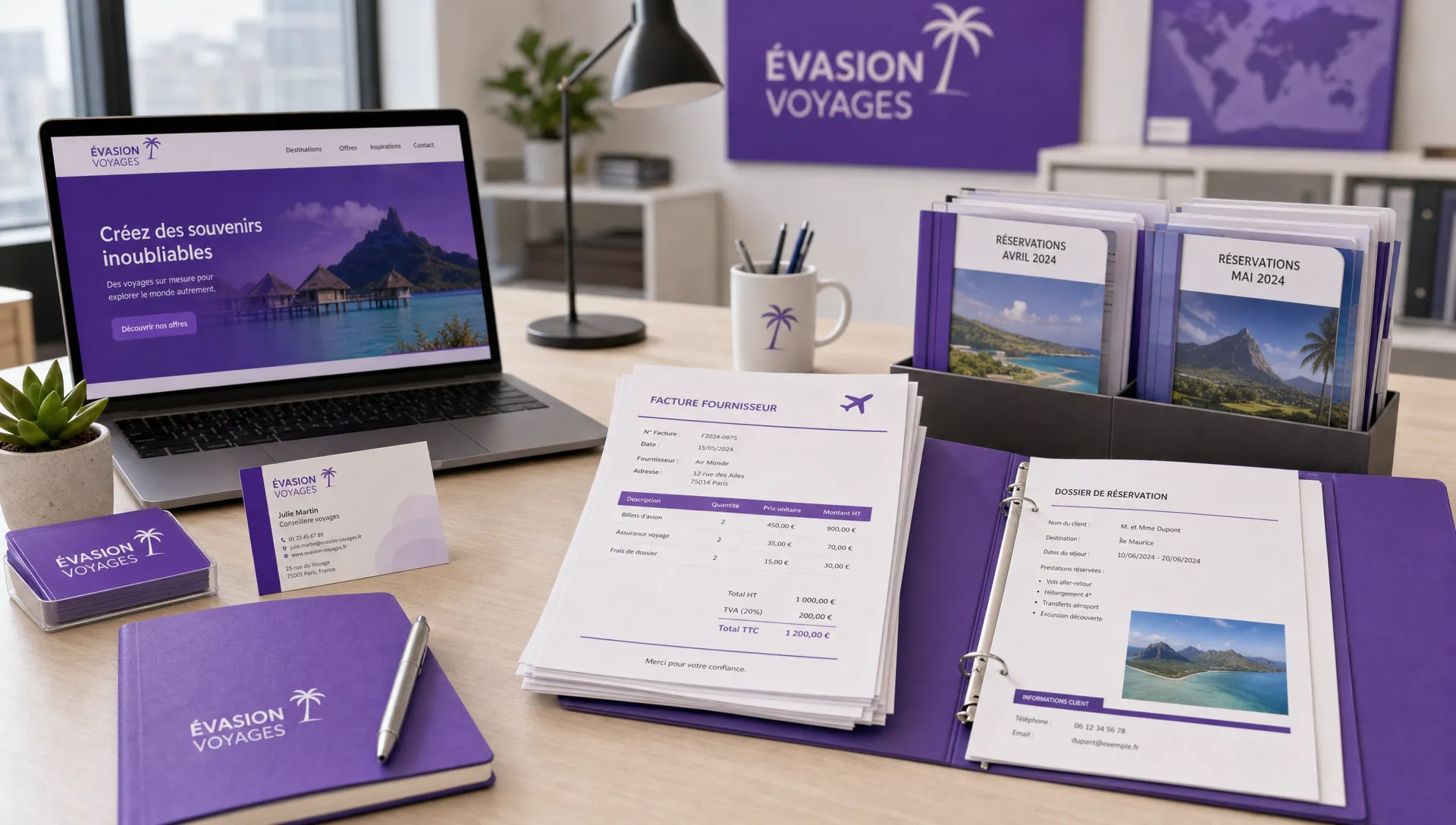 Un bureau de création d’agence de voyage avec des cartes professionnelles, des factures fournisseurs et des dossiers de réservation organisés.