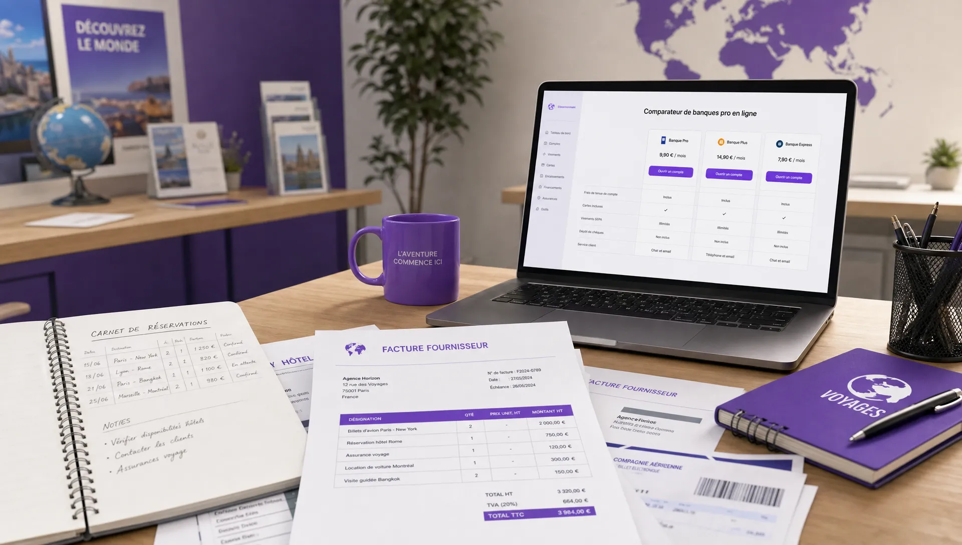 Un bureau d’agence de voyage réunit un carnet de réservations, des factures fournisseurs et un ordinateur pour comparer une banque compte pro en ligne.
