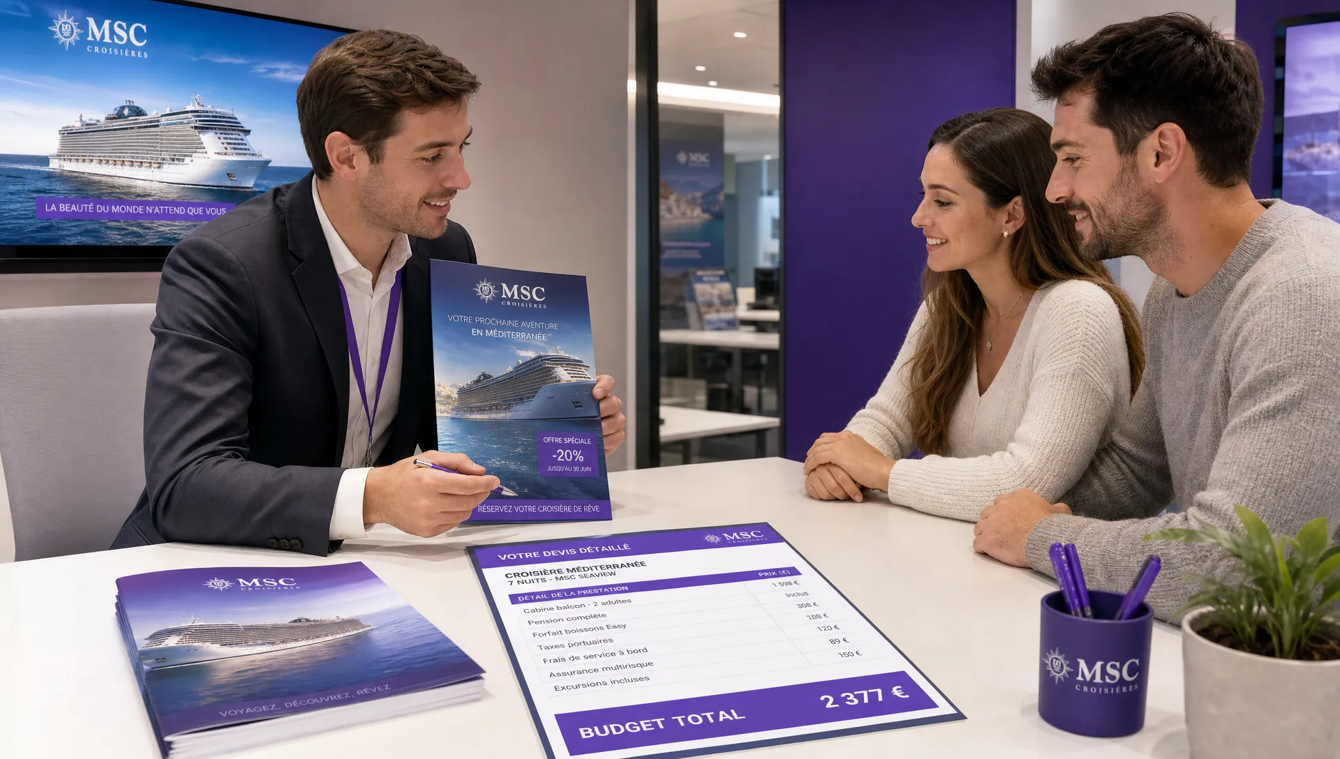 Un conseiller de voyage présente une promo MSC à un couple avec des brochures, un devis détaillé et le budget total sur la table.