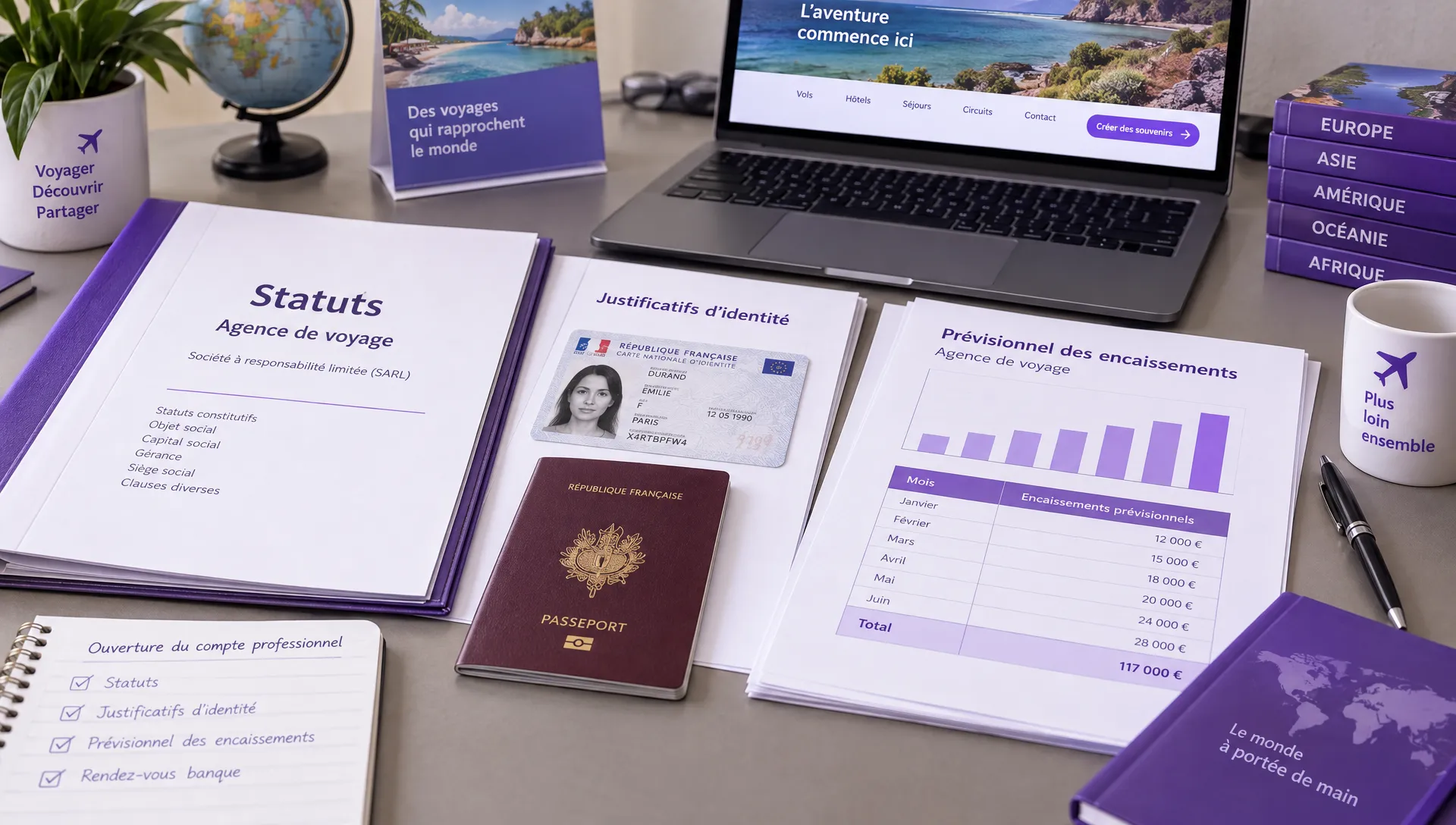 Dossier de statuts, justificatifs d’identité et prévisionnel des encaissements réunis pour préparer l’ouverture du compte d’une agence de voyage.