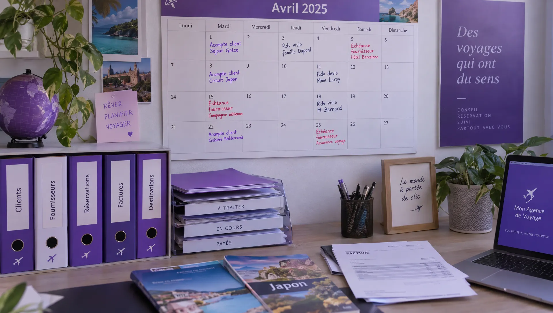 Un calendrier d’échéances et des dossiers de réservation aident une agence de voyage sans local à suivre ses acomptes et paiements fournisseurs.
