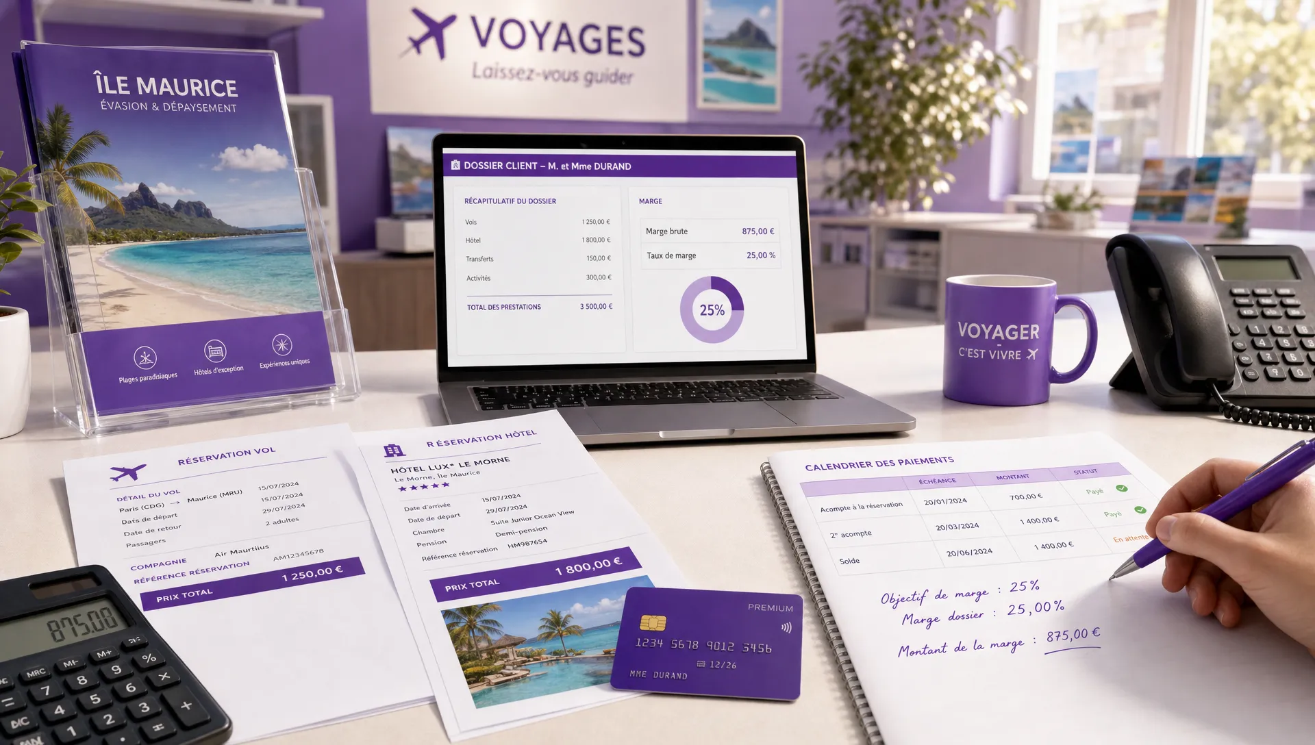 Un bureau d’agence de voyage avec une calculatrice, des documents de réservation vol et hôtel, une carte bancaire, un calendrier de paiements et une brochure de destination, illustrant le pilotage de la marge sur un dossier client.