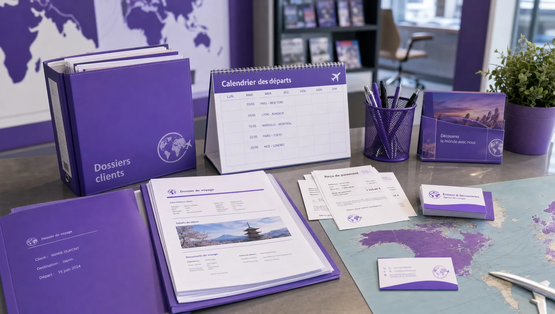 Sur un comptoir d’agence de voyage, des dossiers clients, un calendrier de départs, des reçus de paiement, des cartes professionnelles et une carte du monde sont rangés ensemble.