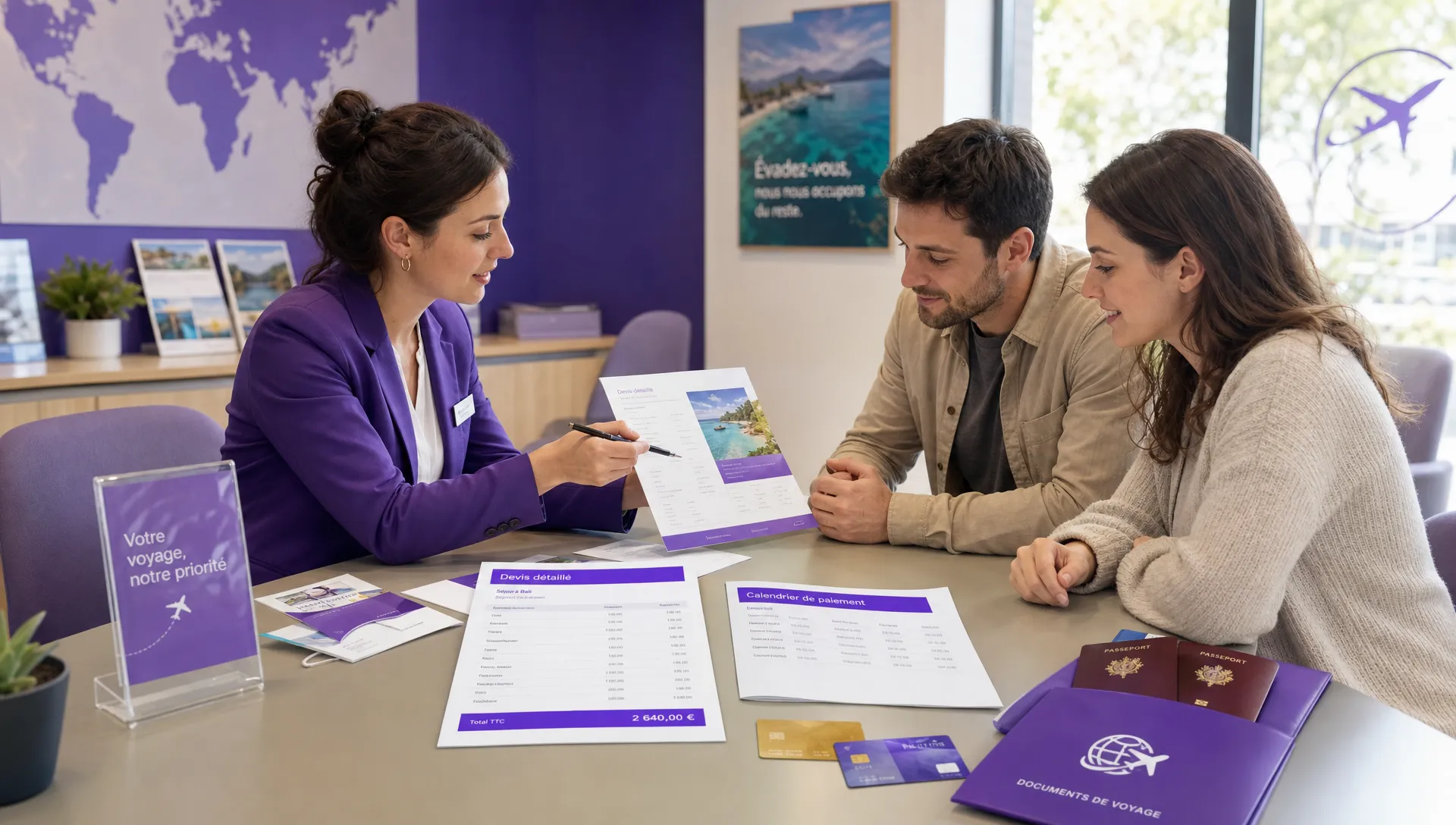 Une conseillère en agence de voyage examine un dossier de réservation avec un couple de clients, avec sur la table un devis clair, un calendrier de paiement, des cartes bancaires et des documents de voyage organisés.