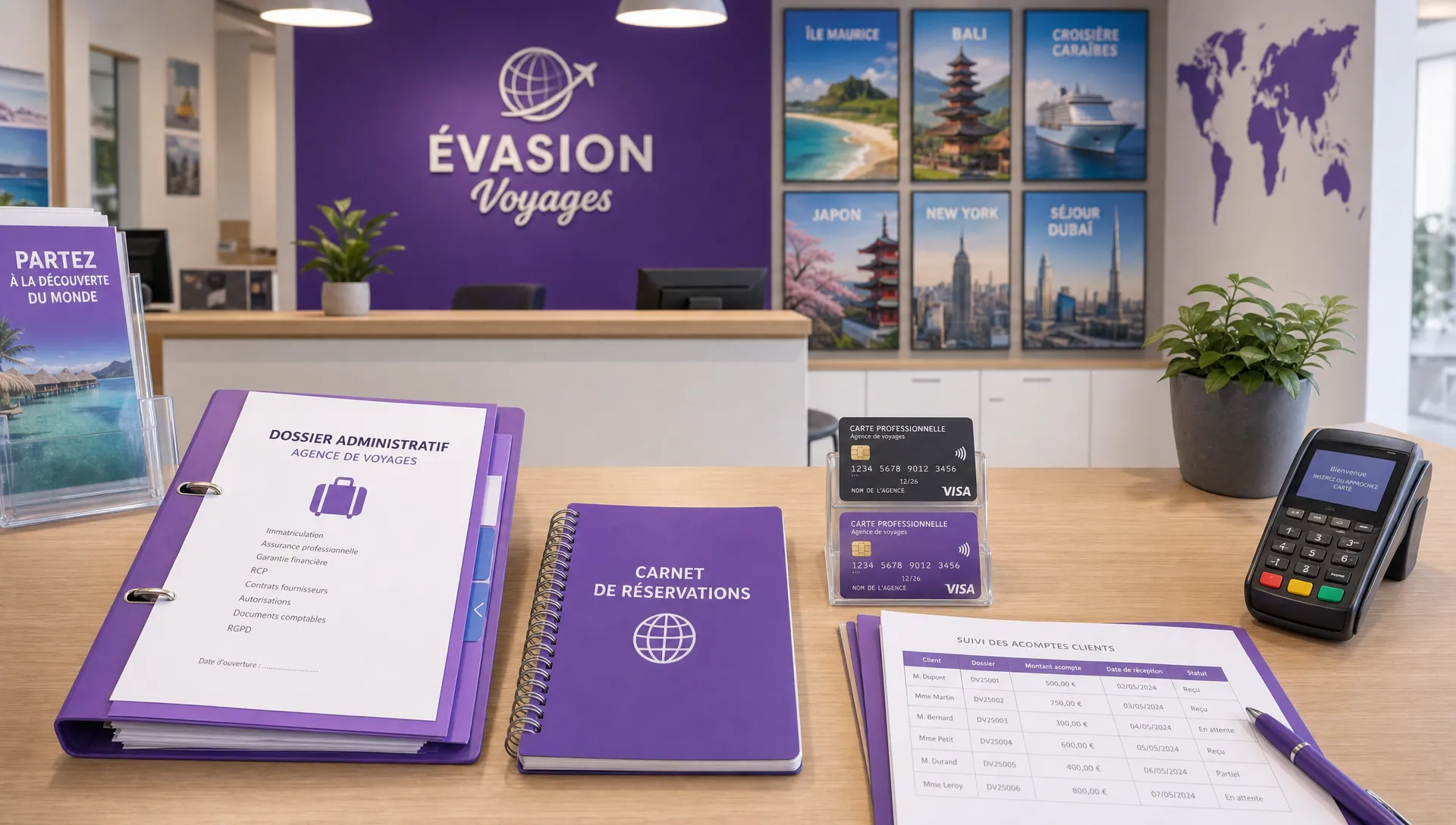 Un comptoir d’accueil d’agence de voyage en création avec un dossier administratif ouvert, un carnet de réservations, des cartes de paiement professionnelles et des documents de suivi des acomptes clients posés de façon ordonnée.