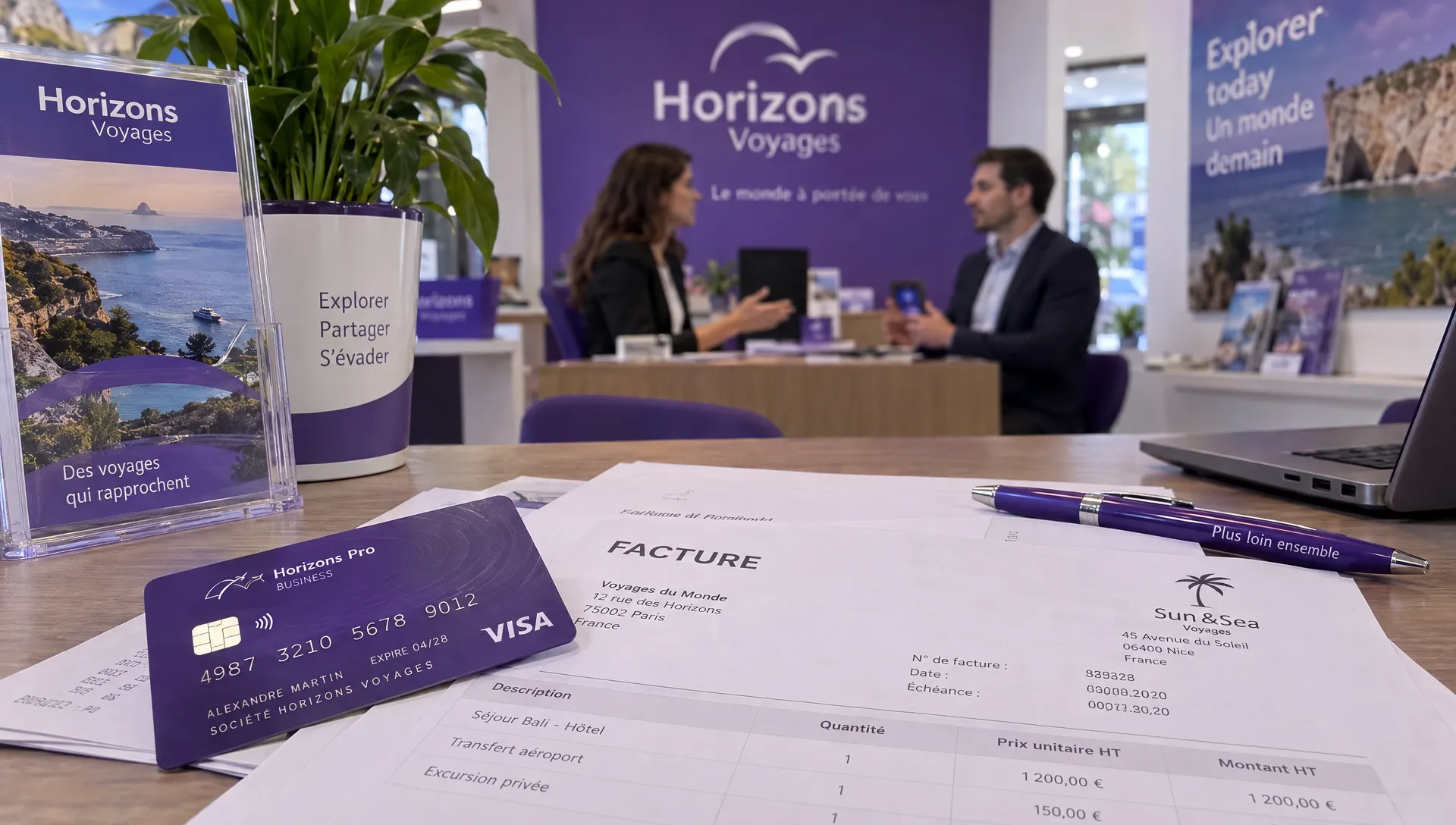 Vue rapprochée à hauteur des yeux d’une carte bancaire professionnelle nominative et de factures de fournisseurs sur le comptoir d’une agence de voyage, avec les associés visibles en discussion en arrière-plan.