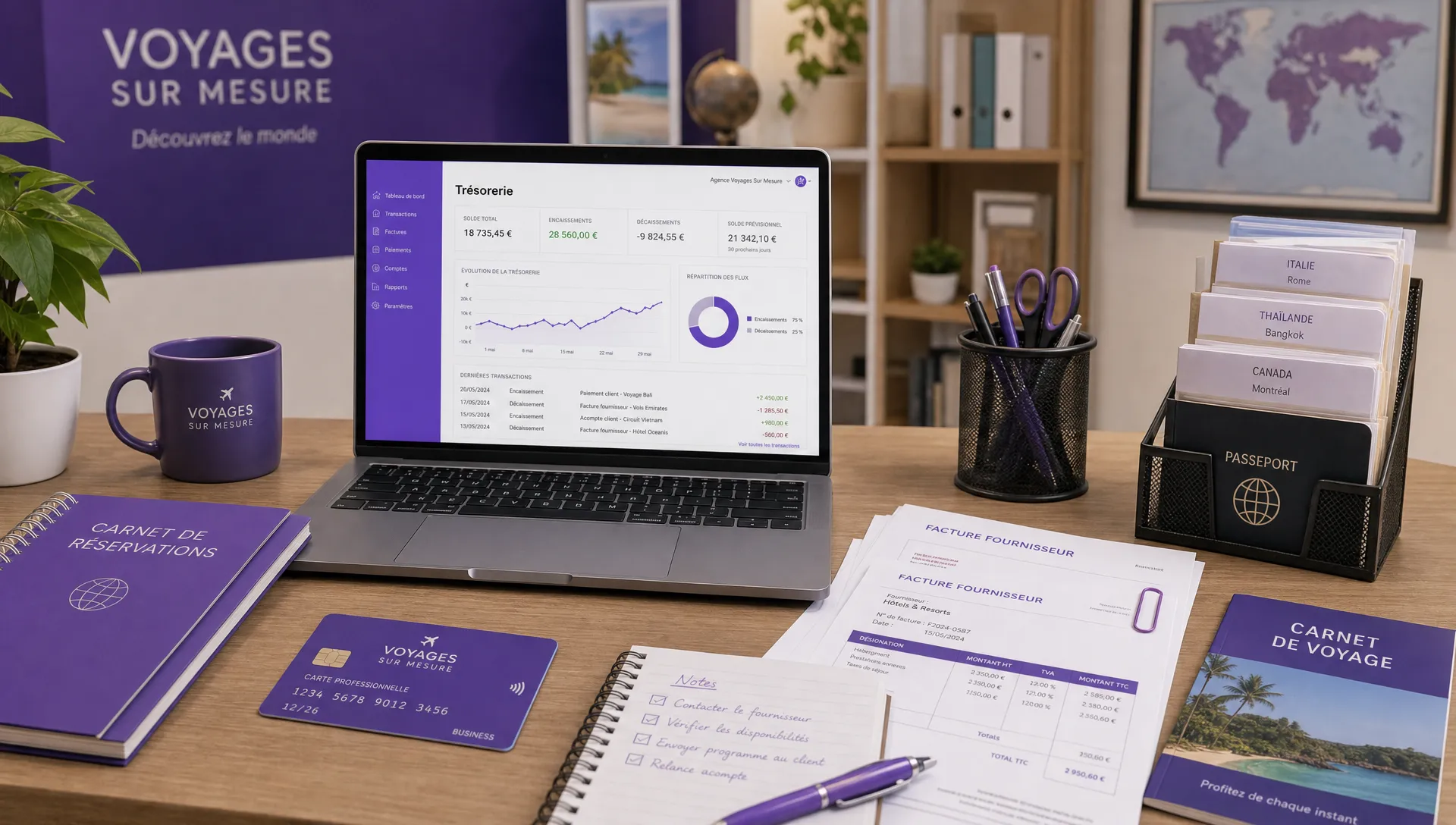 Un espace de travail compact d’agence de voyage avec un carnet de réservations, une carte bancaire professionnelle, des factures fournisseurs, un ordinateur ouvert sur un tableau de trésorerie lisible et des documents de voyage soigneusement organisés.