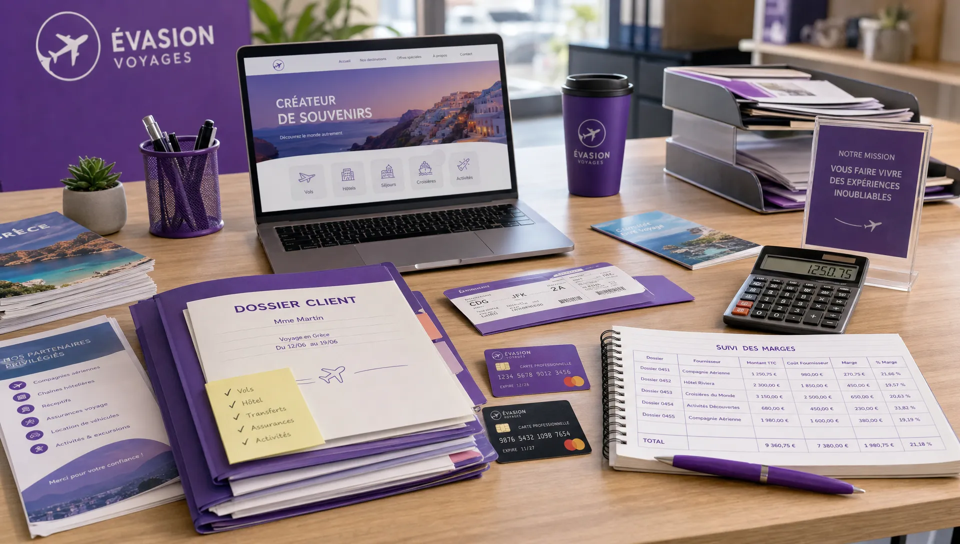 Un espace de travail d’agence de voyage avec des dossiers clients, une calculatrice, des cartes de paiement professionnelles, des billets de transport et un carnet de suivi des marges, illustrant la gestion rigoureuse des paiements et des fournisseurs.