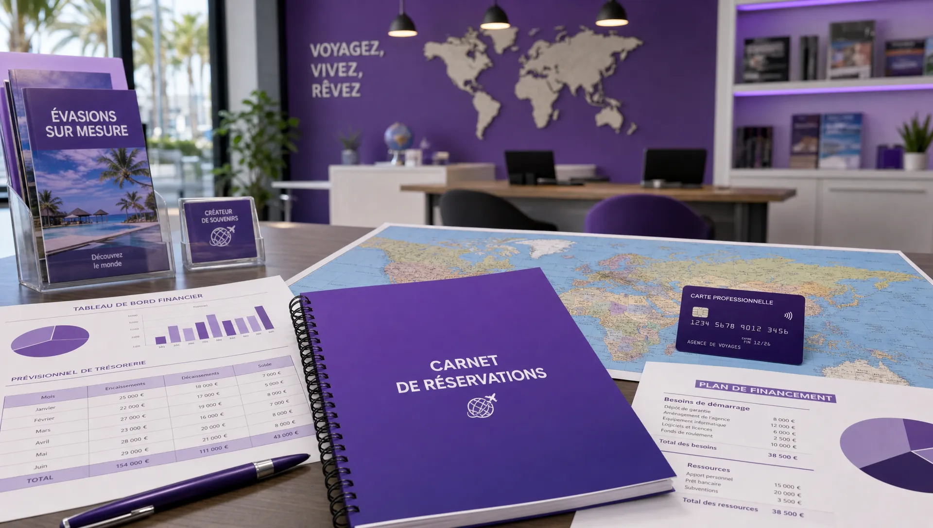Un comptoir d’agence de voyage avec un carnet de réservations, une carte bancaire professionnelle, des documents comptables et une carte du monde posés sur une table, illustrant l’organisation financière d’une agence en création.