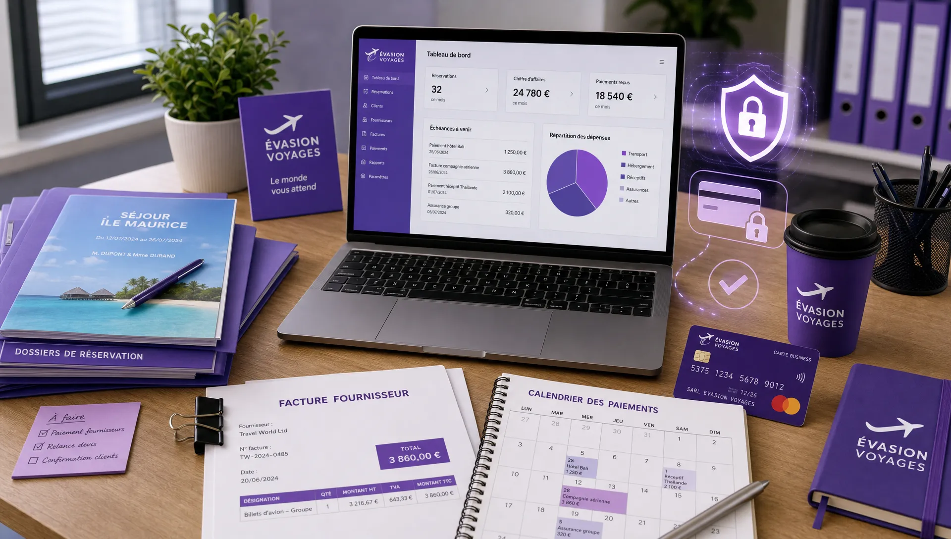 Une table de travail d’agence de voyage avec dossiers de réservation, factures fournisseurs, carte bancaire professionnelle, calendrier de paiements et symboles de sécurité autour des transactions, vue légèrement en plongée dans un espace de suivi organisé.