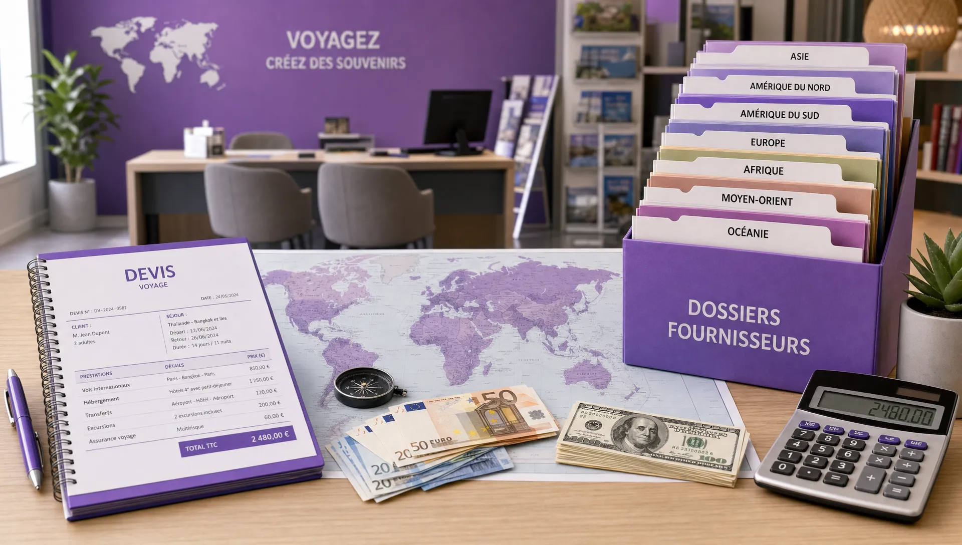 Un bureau d’agence de voyage montre un carnet de devis, une carte du monde, des billets en euros et en dollars, une calculatrice et des dossiers fournisseurs classés par destination.
