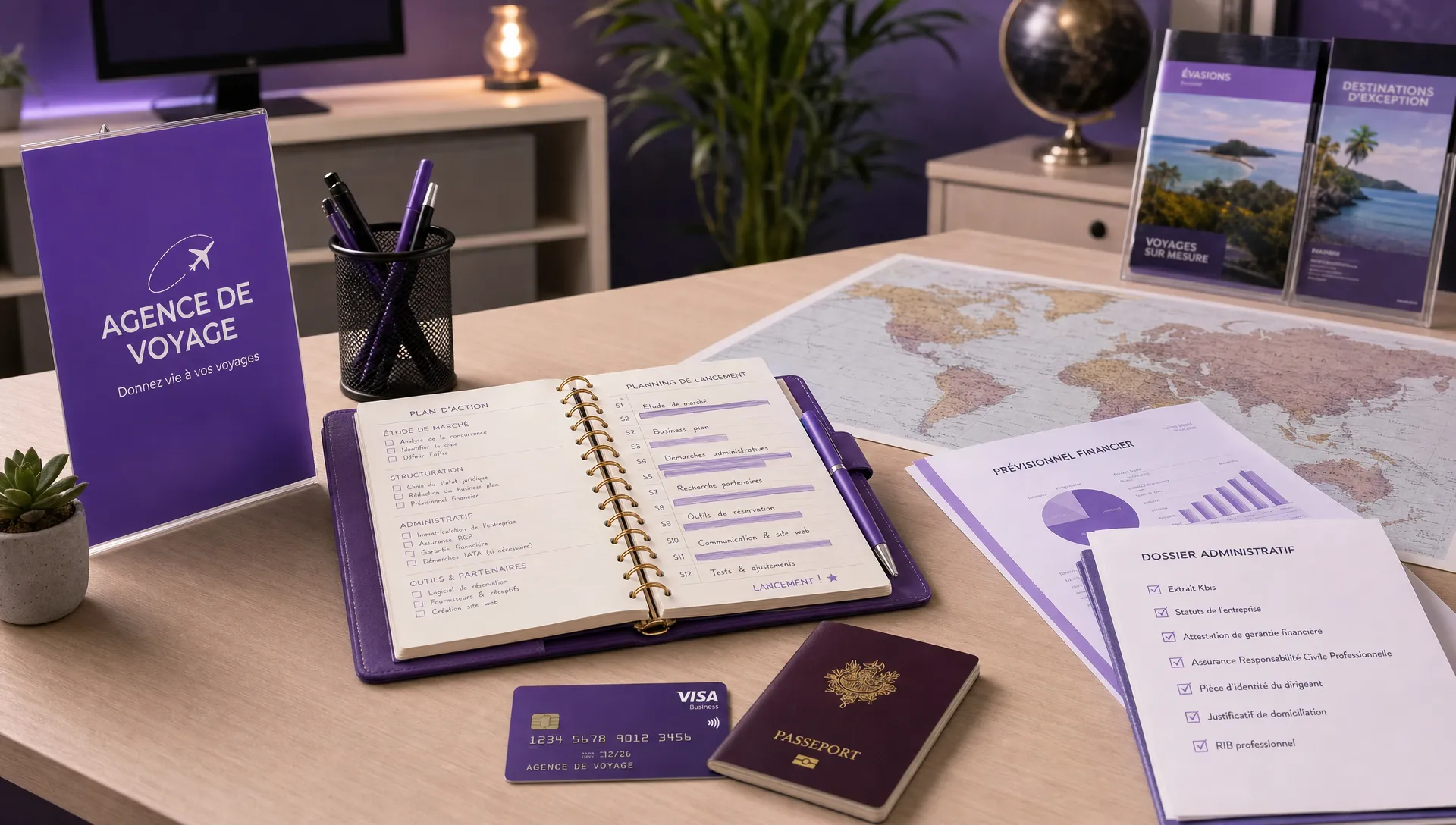 Un comptoir de préparation à la création d’agence de voyage avec un carnet de planning ouvert, des documents administratifs, une carte bancaire professionnelle, un passeport et une carte du monde, symbolisant la préparation financière avant les premières ventes.
