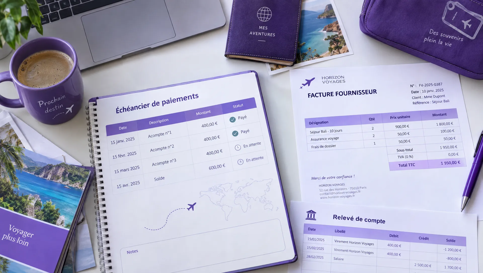 Vue en plongée d’un échéancier de paiements ouvert à côté d’une facture fournisseur et d’un relevé de compte, utilisés pour suivre les acomptes d’une réservation de voyage.