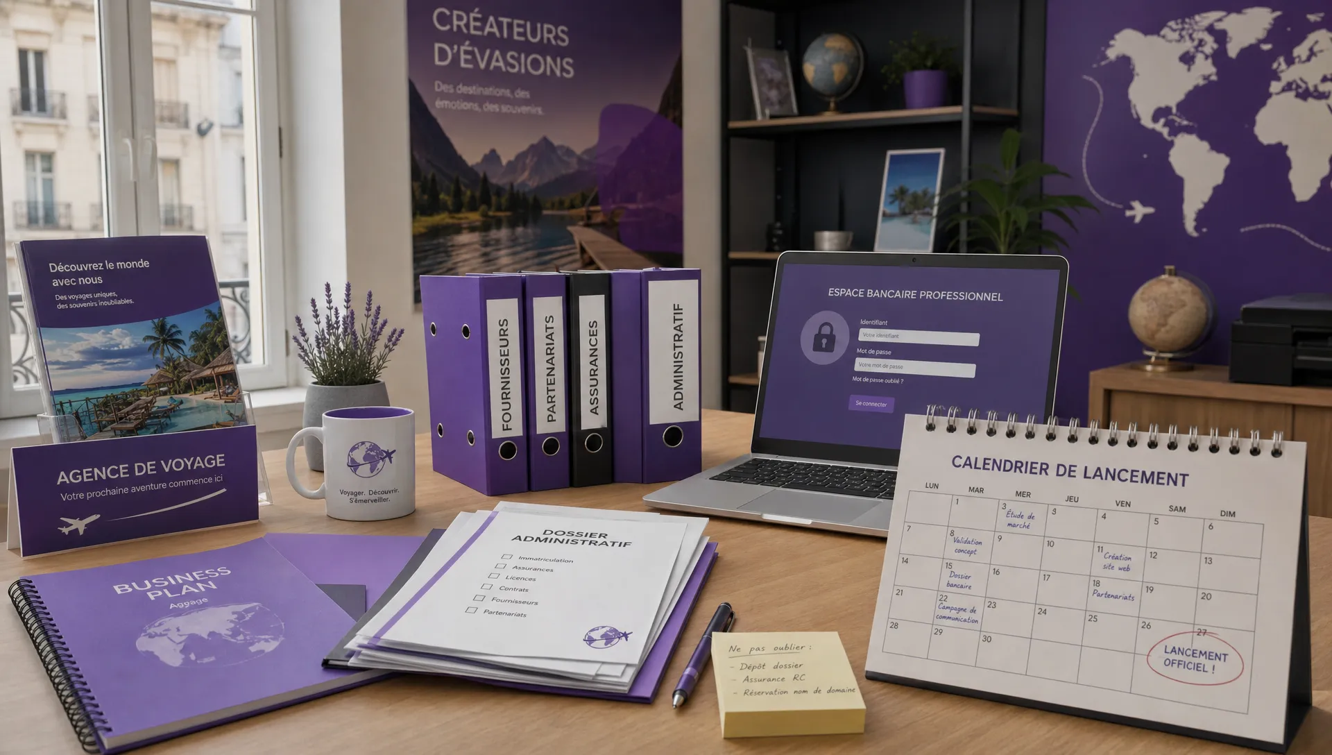 Un bureau d’agence de voyage en création avec dossiers administratifs, ordinateur prêt pour l’espace bancaire professionnel et calendrier de lancement.