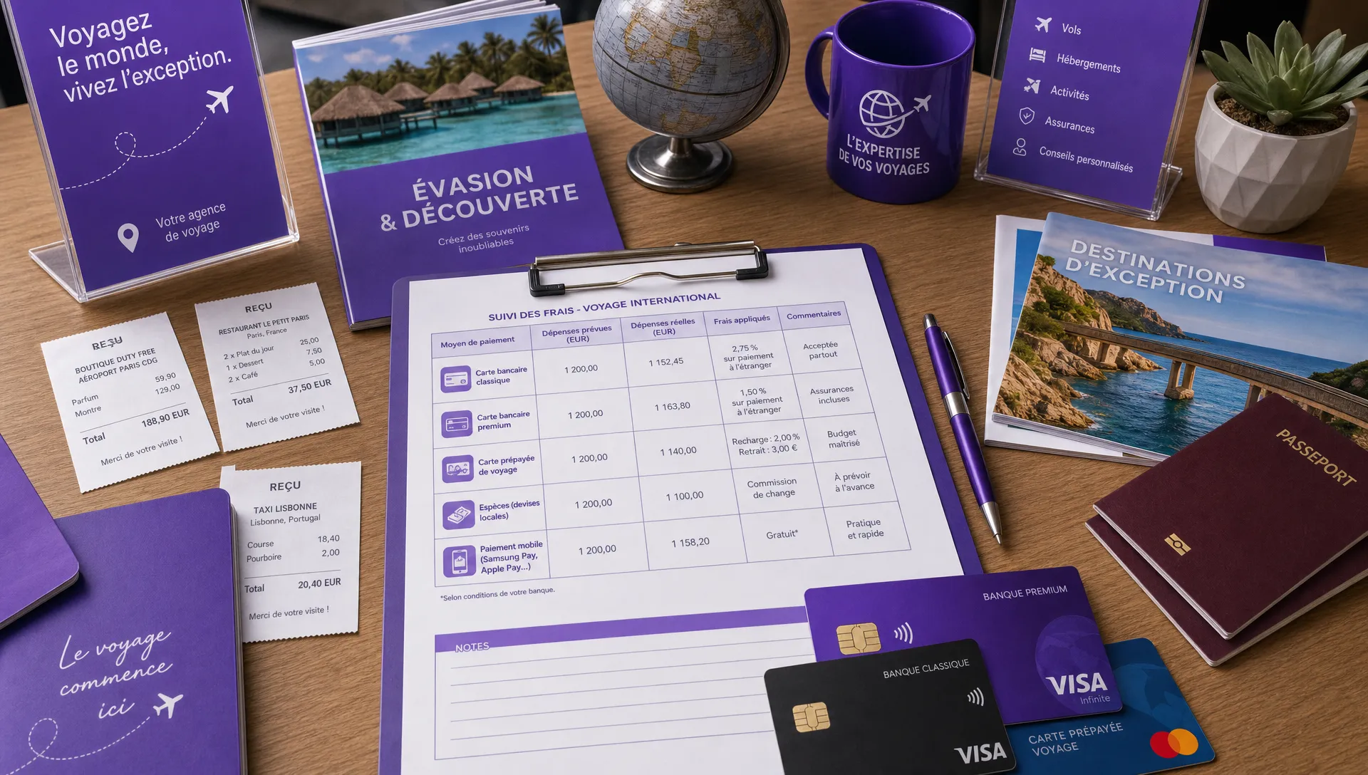Une table d’agence de voyage avec cartes bancaires, reçus, passeports et fiche de suivi des frais pour comparer les moyens de paiement d’un voyage international.
