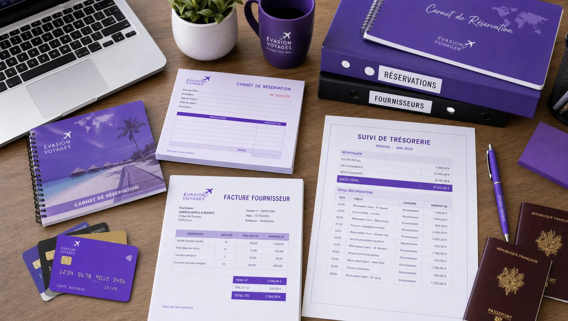 Un bureau organisé pour une agence de voyage en création avec carnets de réservation, cartes de paiement, factures fournisseurs, passeports fermés et tableau de suivi de trésorerie imprimé sur papier, vu en légère plongée sur une table de travail.